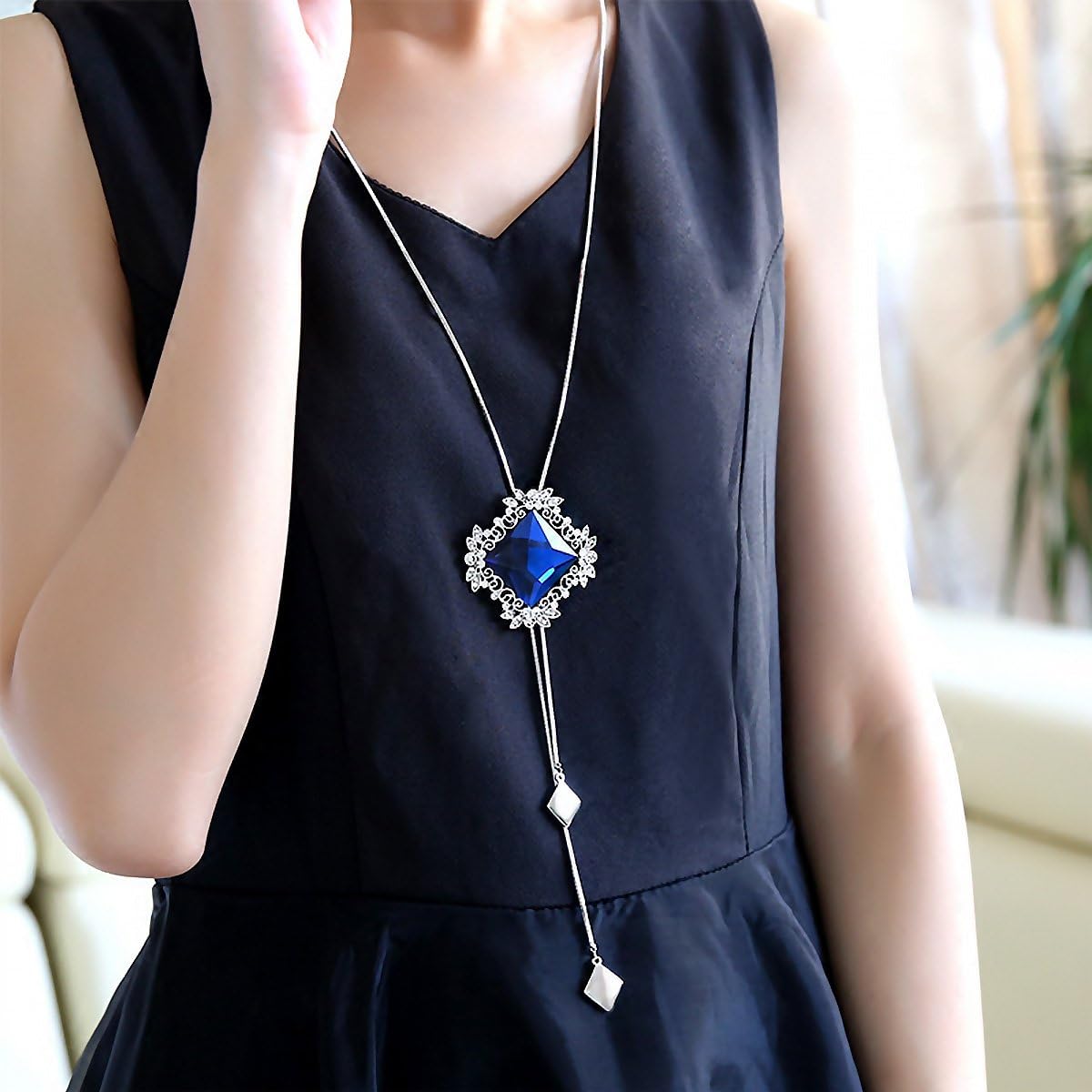 Long Chain Necklace With Rhombus Pendant and Sparkly Glass | Charm Jewelry for Women | Boho Long Pendant - Image 3