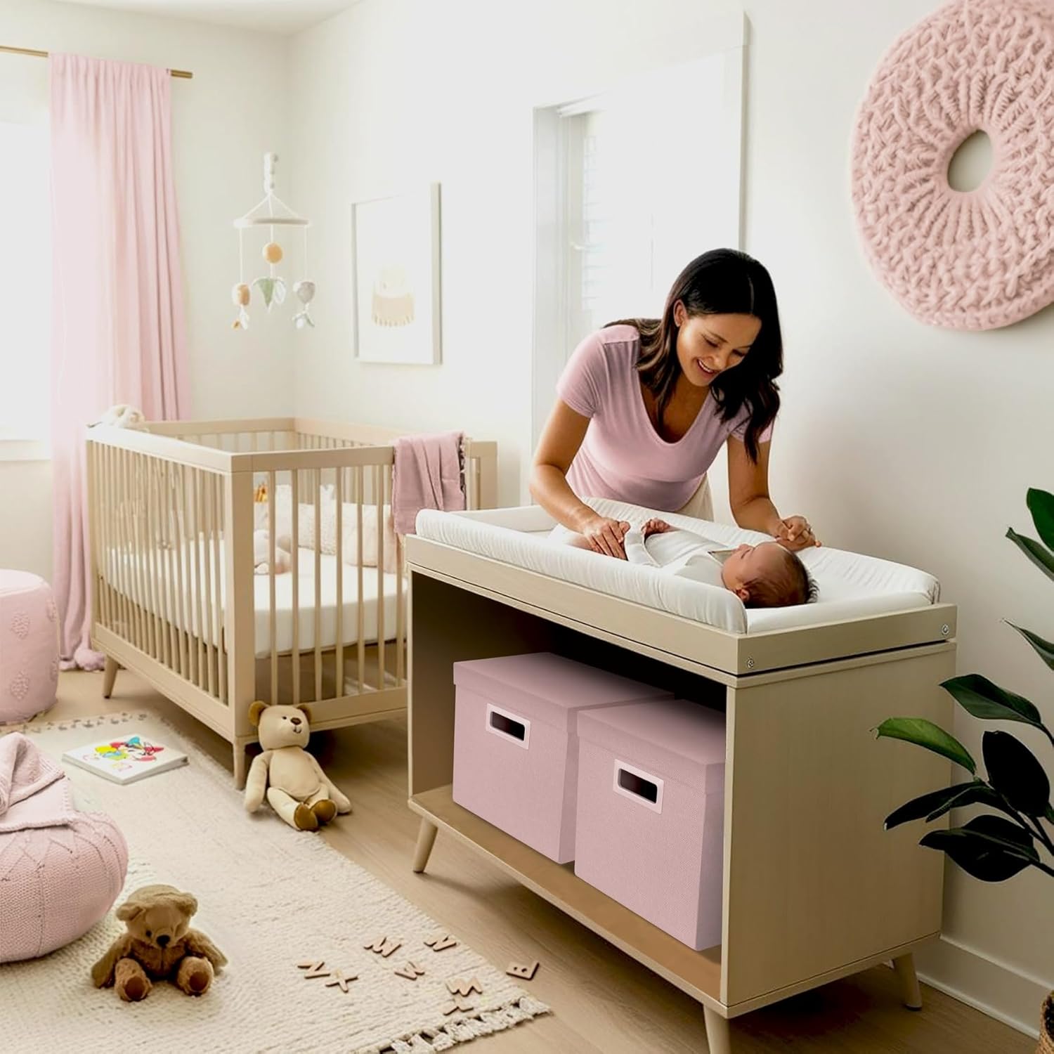 DECOMOMO Heavy Duty Cube Storage Bins, Fabric Storage Cubes, 3X Tougher Storage Basket with Lids (Pink, 11 inch Cube)