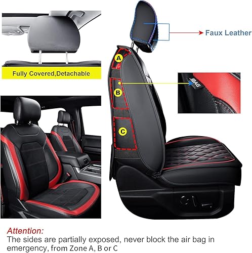 Miniatura 2 de LUCKYMAN CLUB Fundas de asiento de piel sintética F150 para camionetas 2015-2025 F150 y 2017-2025 F250 F350 F450 (juego completo, negro y rojo)