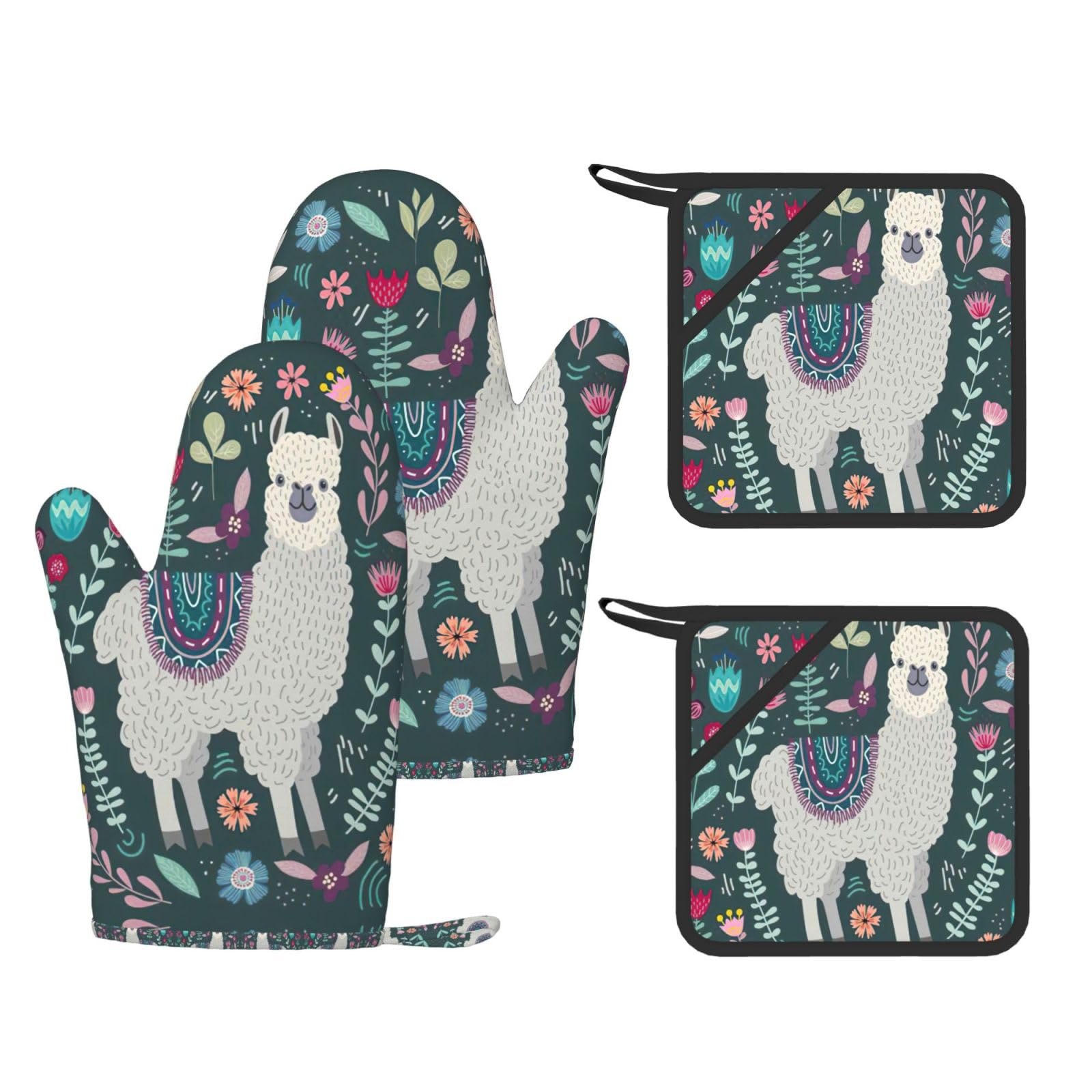 Flower Alpaca Printed Potholder and Oven Mitt Set of 4, High Heat Resistant Cooking Gloves for BBQ Grilling