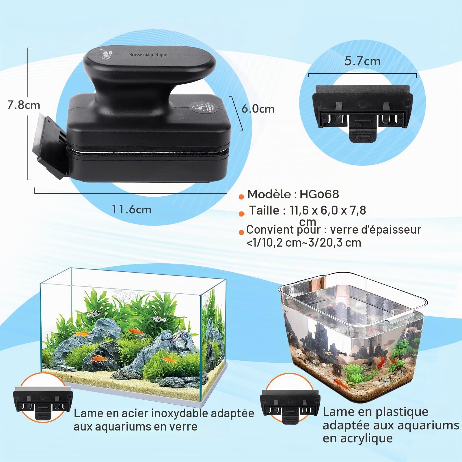 hygger Brosse Aquarium Nettoyage Vitre, Grattoir Algues Aquarium, Brosse Magnétique Aquarium Nettoyage Vitre Algues, Outil de Nettoyage Avec Grattoir Amovible pour Aquarium