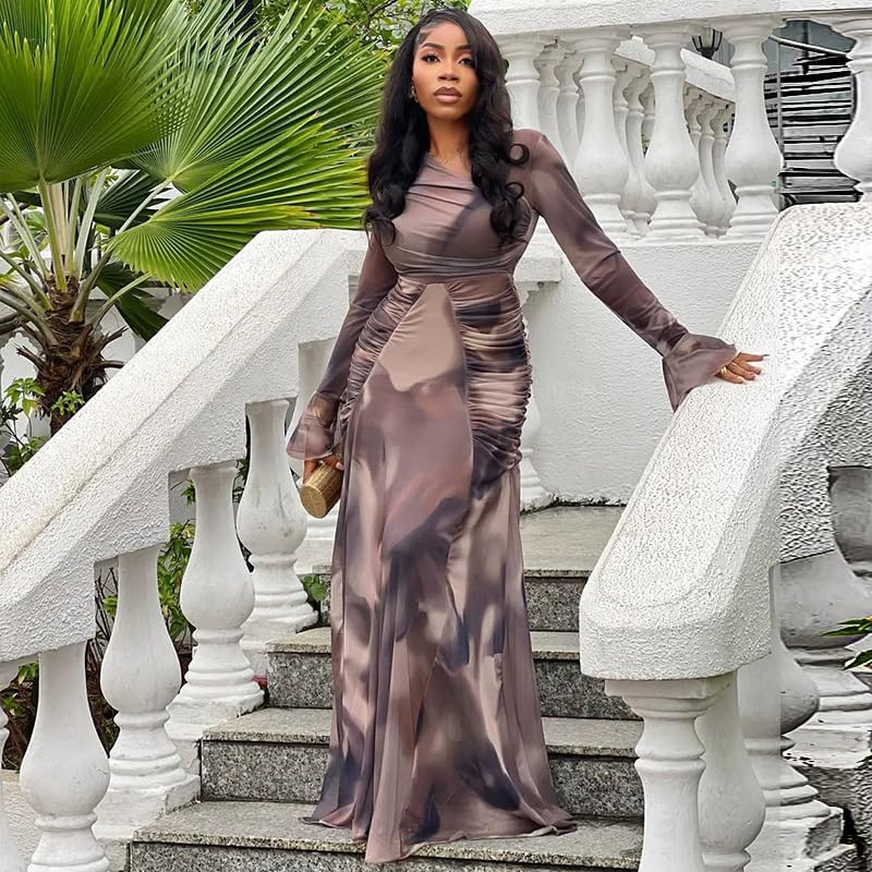 Women's Elegant Mock Neck Mesh Maxi Dress Abstract Ink Print Long Sleeve Ruched Evening Gown Formal Party Dresses image 3