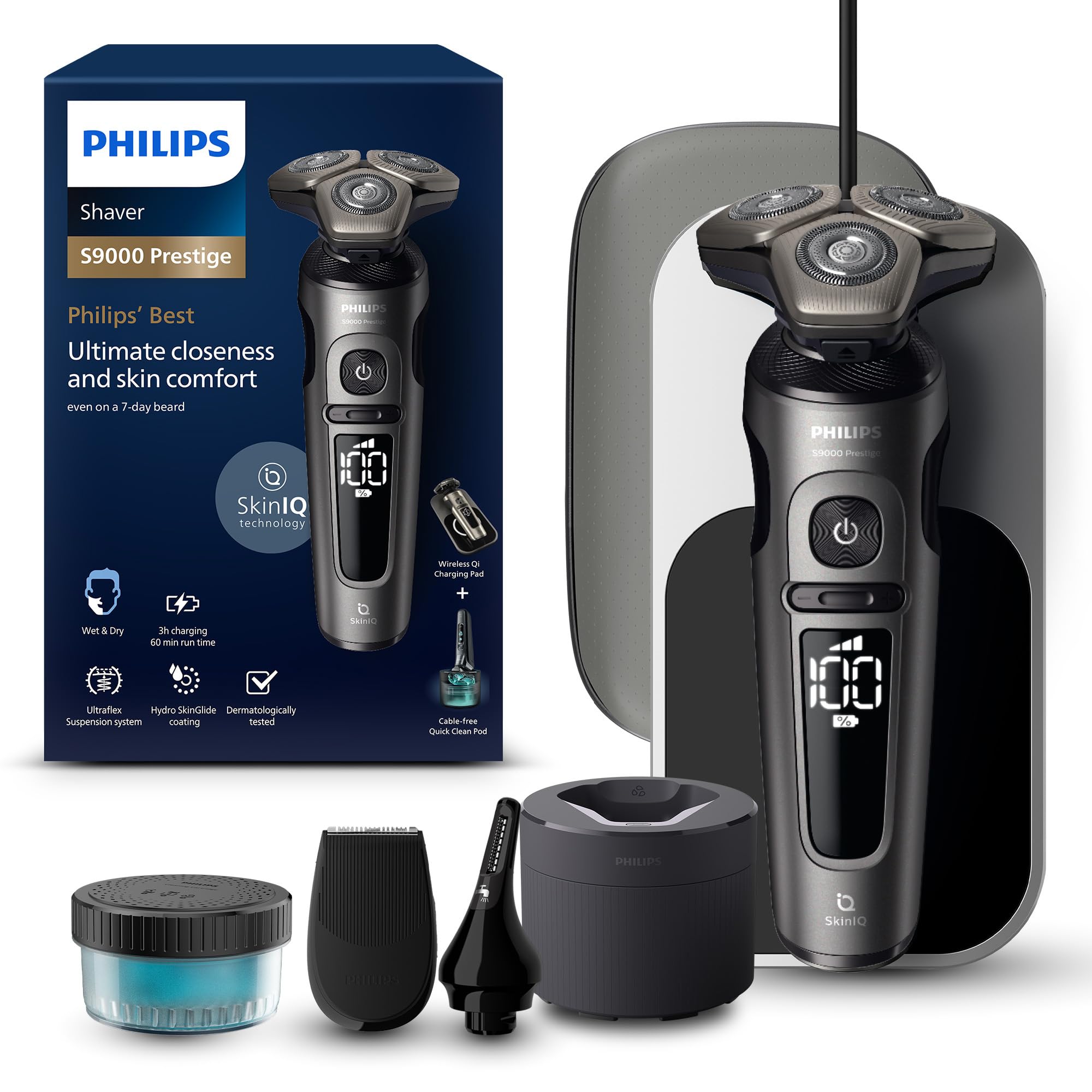 Philips S9000 Prestige, afeitadora eléctrica Wet & Dry, champán dorado, tecnología SkinIQ, funda Premium, panel de carga Qi, recortador de precisión y para nariz, cápsula de limpieza, modelo SP9882/36