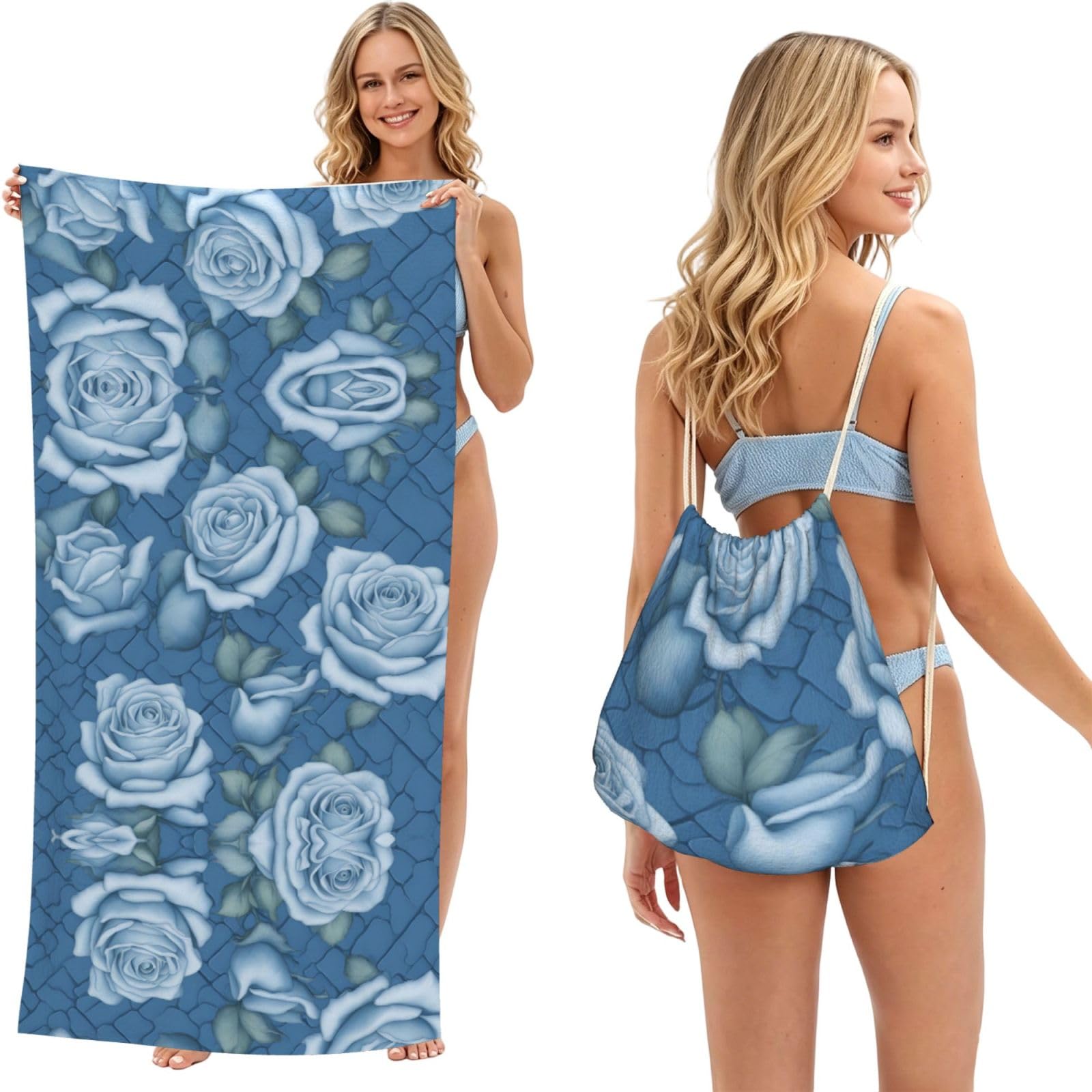 SXZVVBN Beautiful roses on blue background 2-in-1 Beach Towel Bag, Quick Dry Sand Free Travel Towel Backpack for Adults