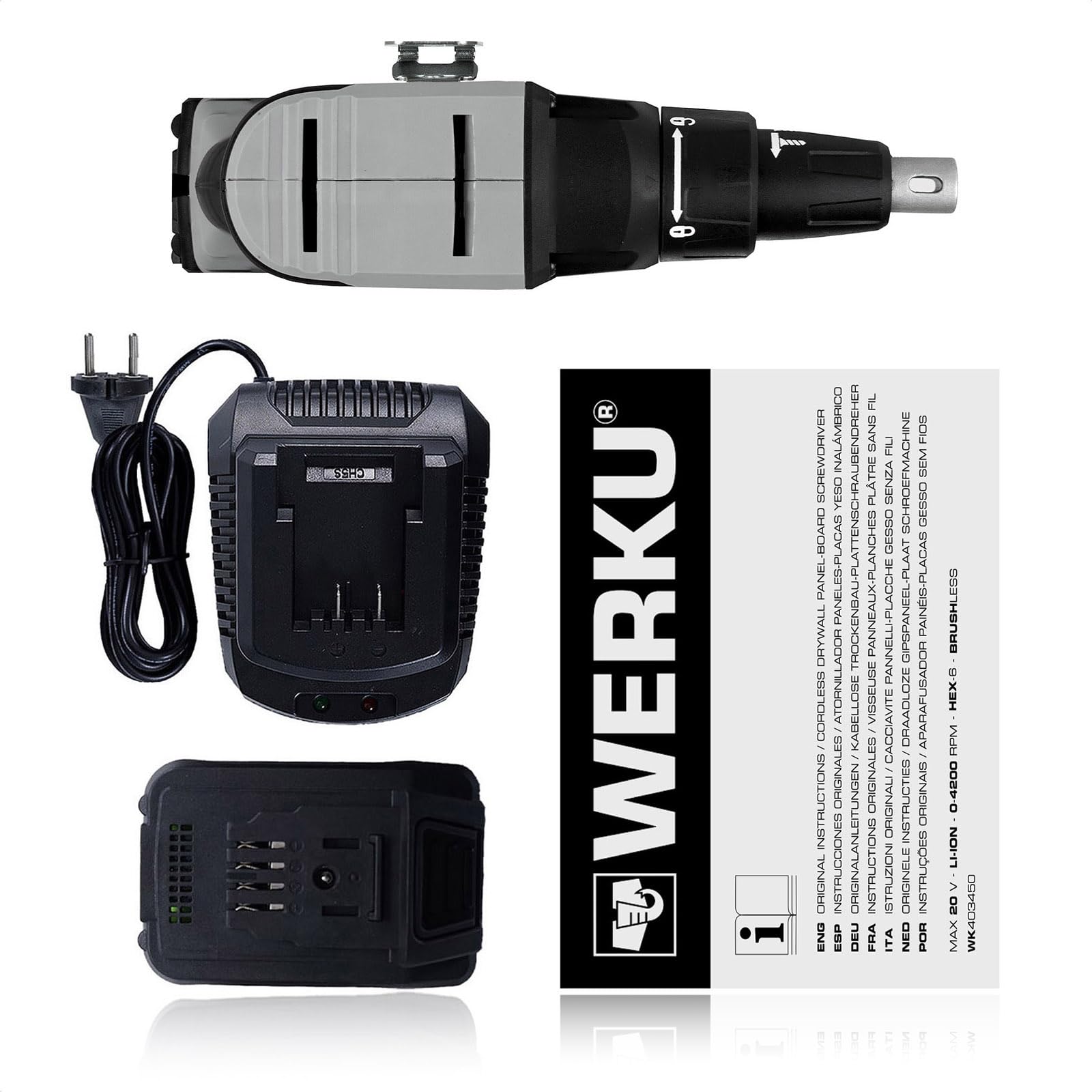 Werku WK403450+WK403470+WK403480, Atornillador Paneles-Placas Inalámbrico, Calidad Profesional, Potencia 20 V, Motor Brushless, Sistema Luz LED Visión, Incluye Batería y Cargador