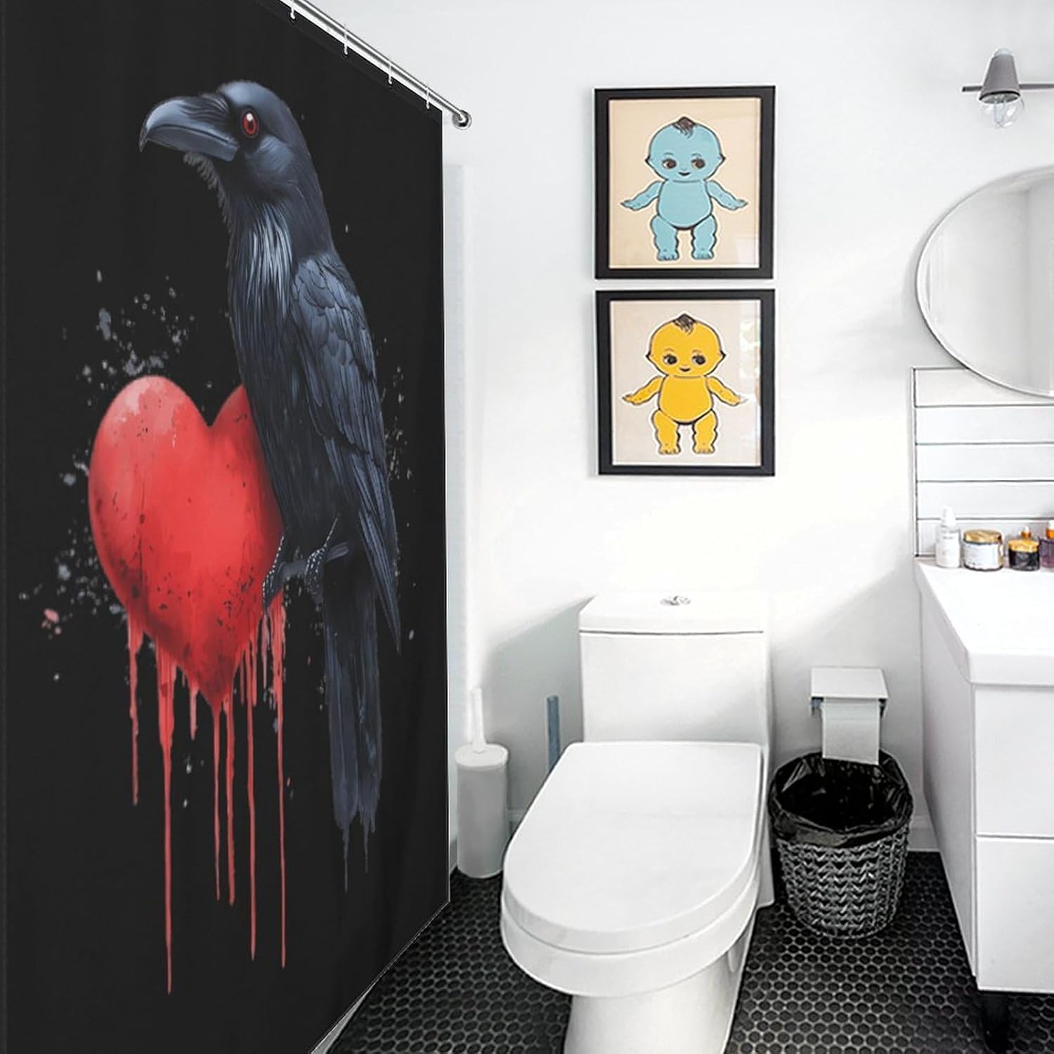 Raven Crow with Dripping Heart Funny Shower Curtains Washable Bath Curtain Liner with Hooks for Bathroom Bath Tubs