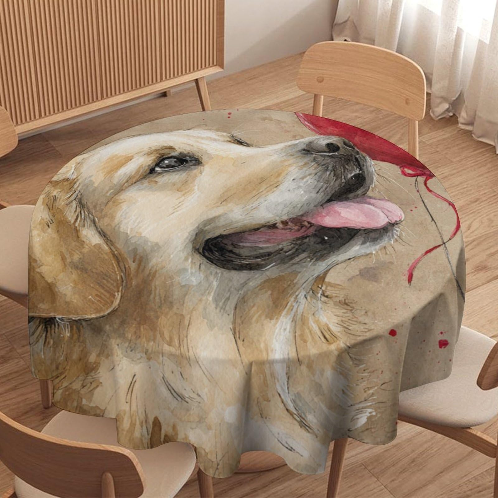 LUYYSKY Funny Oil Painting Puppies Round Tablecloth Rustic Realistic Roses Floral Animals Dogs Heart Balloons Print Washable Decor for Table Cover for Kitchen-152.4" Wx152.4 L cm