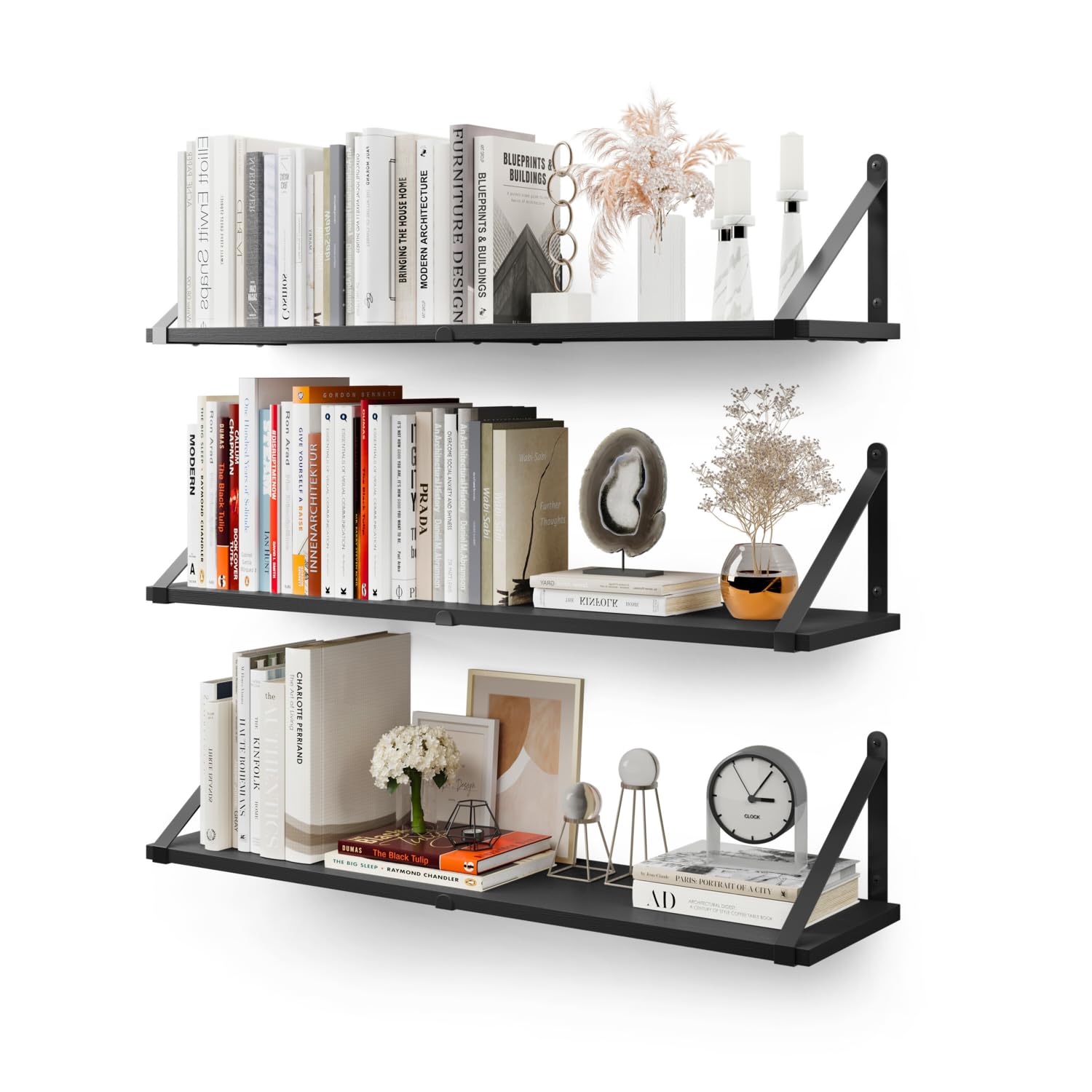 CASSA ZENO Estantes Flotantes de Pared para Libros Juego de 3, Estante de 80cm x 20cm para Dormitorio Sala de Estar Oficina Baño Cocina Madera Rústica con Soporte de Metal (Negro)