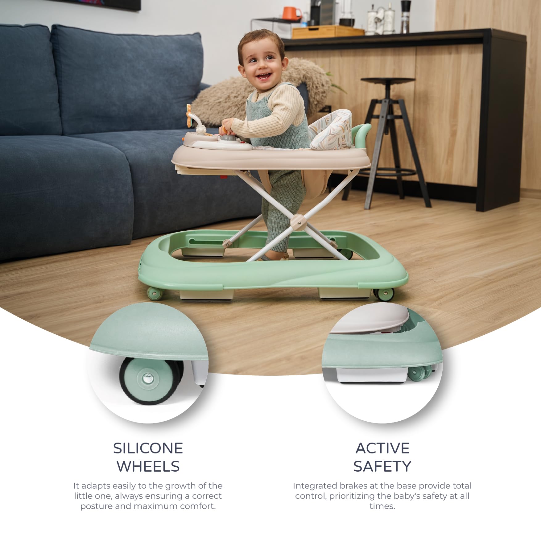 MS BabyWorld chodzik BASIC PLUS chodzik dla dzieci z interaktywną tacą do gier z dźwiękiem, podstawa zapobiegająca przewróceniu, silikonowa mata na kółkach i 3 pozycje wysokości