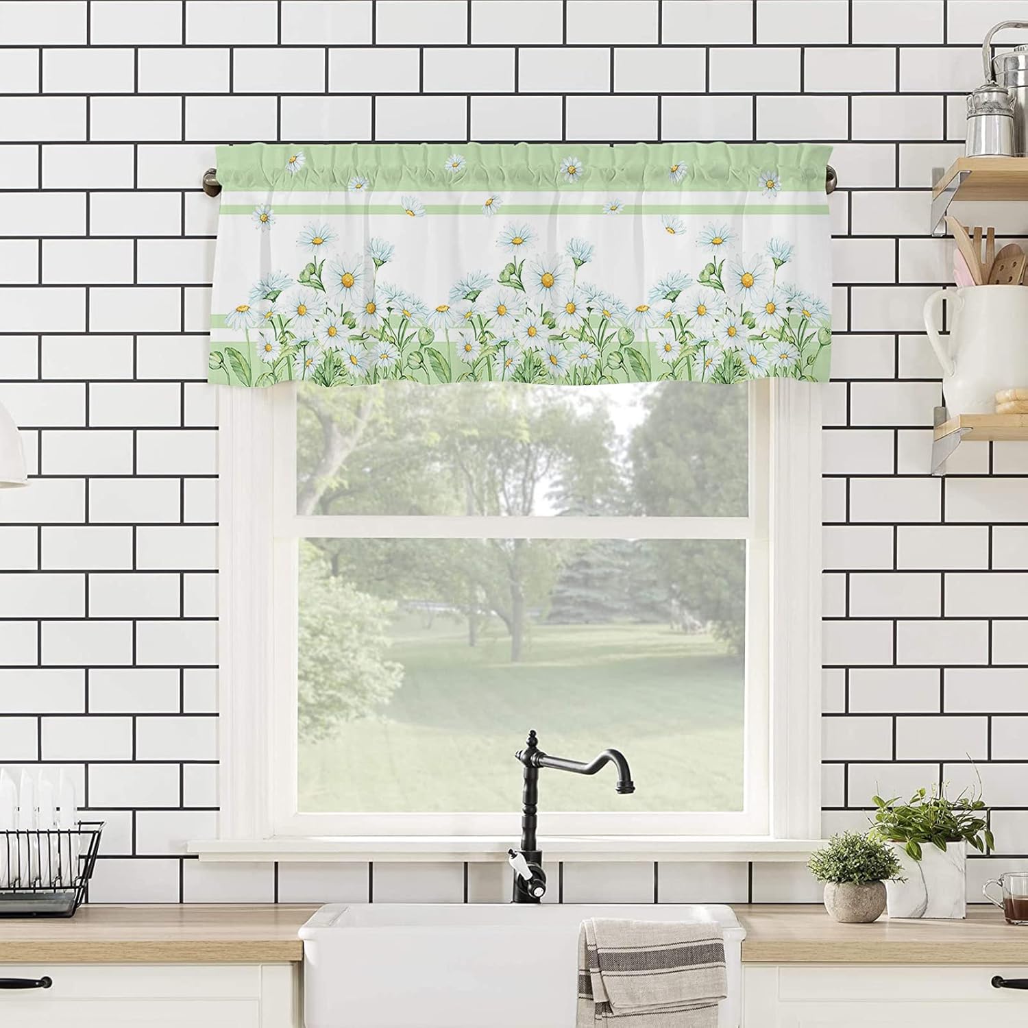 Spring Daisy Valance Curtains Spring Flower Summer Floral Farmhouse Rustic Light Green Linen Texture Kitchen Valance Rod Pocket Window Treatments for Kitchen Bathroom Bedroom 54x18 Inch