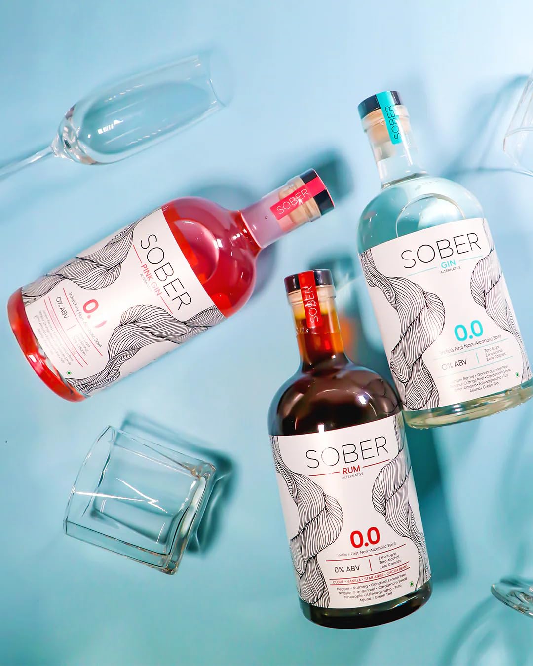 SOBER Non-Alcoholic Gin: Pink Edition & Gin And Rum Combo | Zero-Alcohol, Refreshing & Flavorful | Perfect for Mocktails & Alcohol-Free Cocktails (Rum-N-Gin-Blue-Pink)
