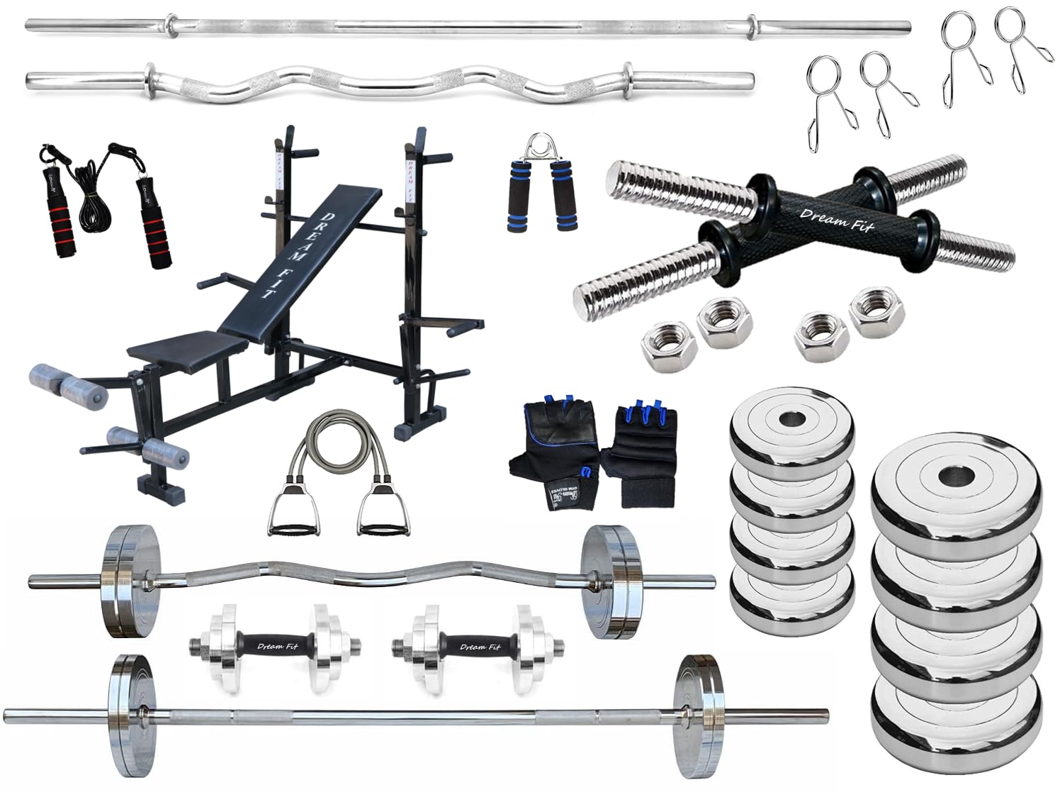 DREAM FIT Professional Steel Plates Combo - 20Kg Home Gym Set with 8in1 Gym Bench, 23mm 3 ft curl Rod, 23mm 5 ft Straight Rod, 1 Pair Dumbbell rods with hex Nuts and Gym Accessories (20Kg Set) (B0CWSGGZ9C) Amazon Price History, Amazon Price Tracker