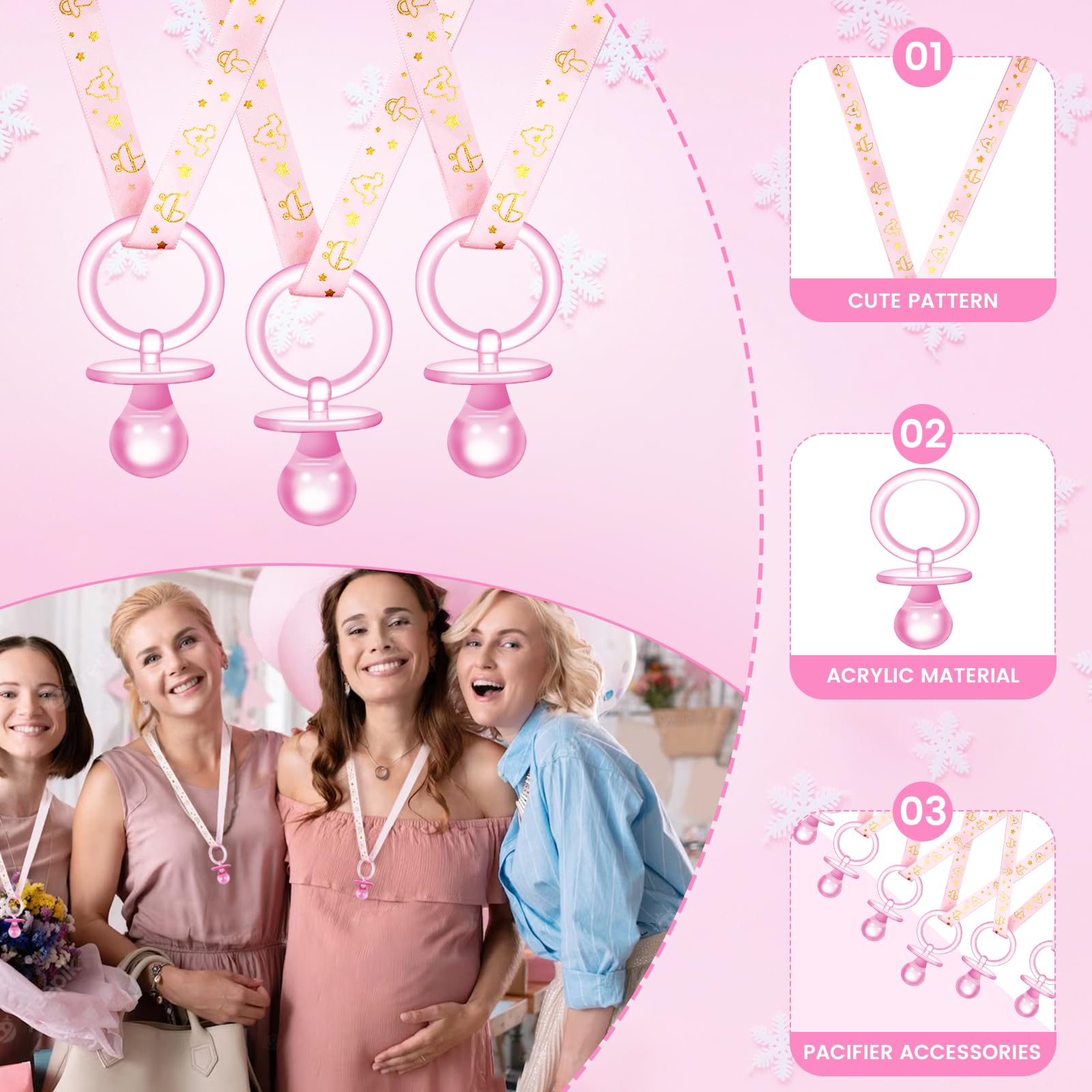 24 Pcs Baby Shower Pacifiers Acrylic Necklace for Chupones Para Baby Shower Pacifiers Party Favors Charm Pacifiers Necklace for Girls Boys Baby Shower Games Party Table Scatter Decorations (Pink)