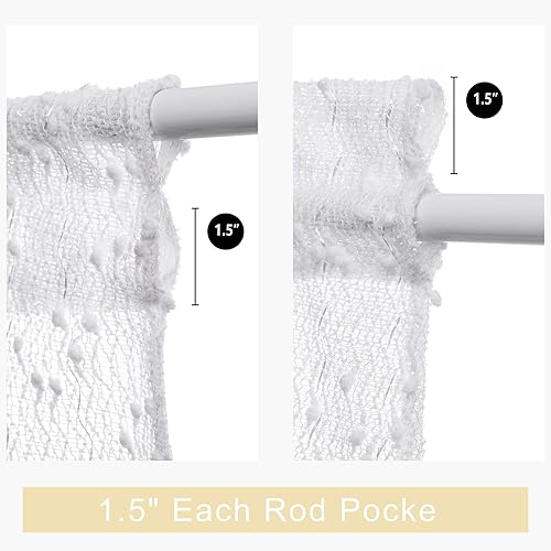 Miniatura 4 de Cortinas blancas para puerta francesa con pompones para niñas, textura de lino corto, cortina de gasa semitransparente brillante, incluye alzapaños