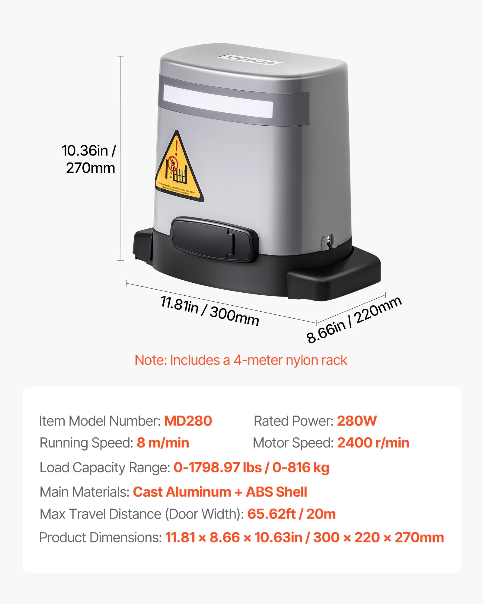 VEVOR Motorisation de Portail Coulissant, 280 W, Ouvre-Portail Solaire Électrique pour Portes 20 m et Charge 816 kg, Moteur de Porte Coulissante à Crémaillère, Système d'Ouverture de Portails d'Allée