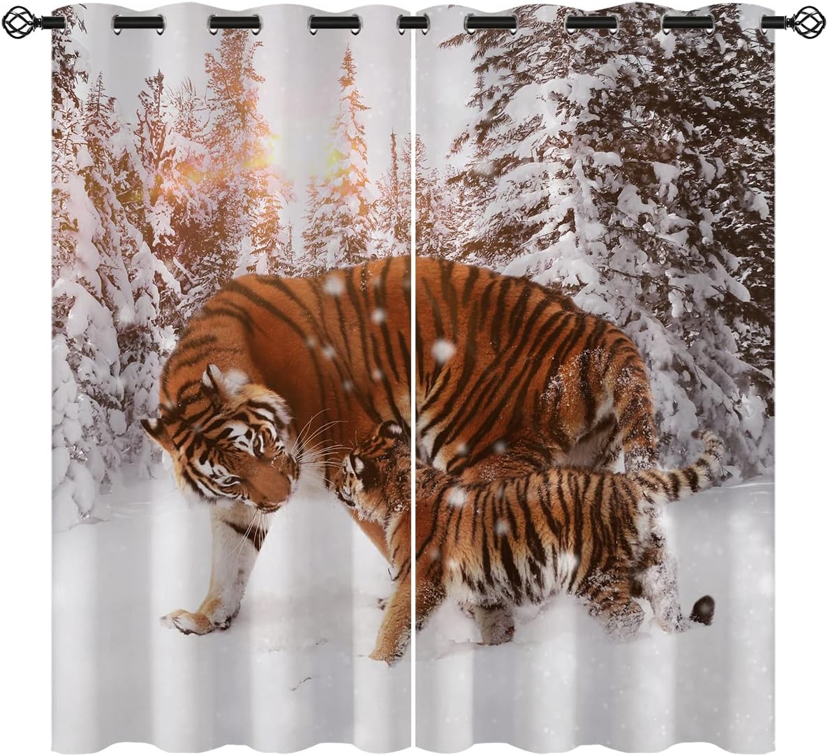 Tiger Blackout Curtains for Girls Boy Home Decor, Animal Zoo Forest Family Jungle Winter Snow Grommet Thermal Insulated Drapes Darkening Window Curtain for Bedroom Living Room, 55 x 63 Inch