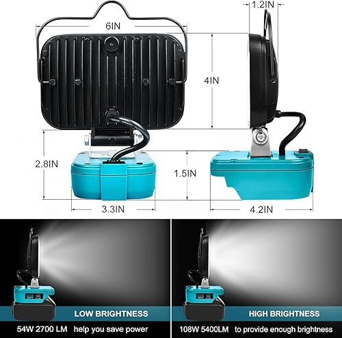 Miniatura 5 de Luz de trabajo LED para Makita 18V batería 108W 5400LM linterna, luz de inundación portátil, luz de batería inalámbrica con puerto de carga USB y