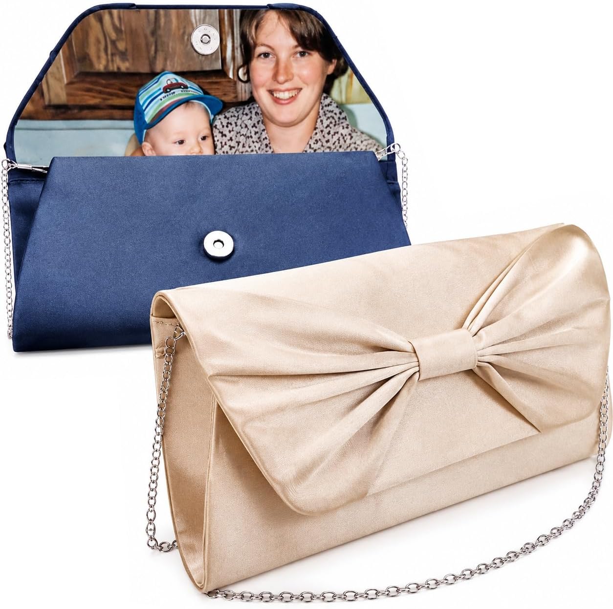 Personalized Clutch Purse with Custom Photo Lining - Bridal Party Bow Evening Bag - Wedding Clutch with Picture for Bride Bridesmaid Gift - Elegant Satin Envelope Purse for Women Mother of the Bride