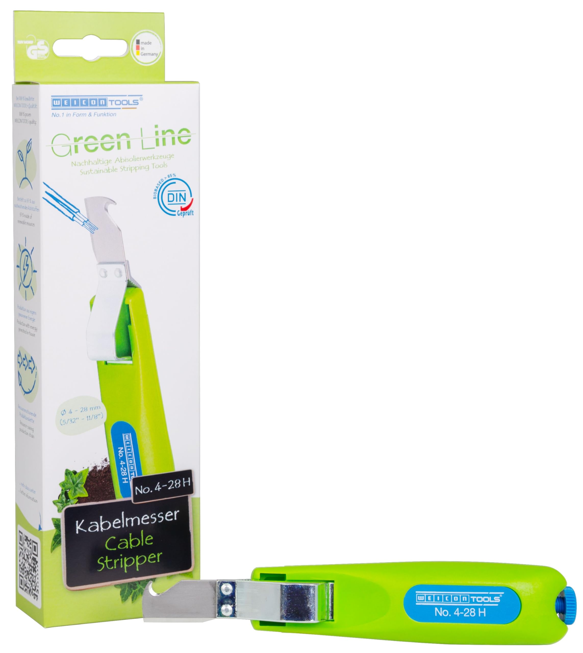 WEICON TOOLS Cable Knife No. 4-28 H Green Line | sustainable raw materials | working range 4-28 mm | incl. hook blade