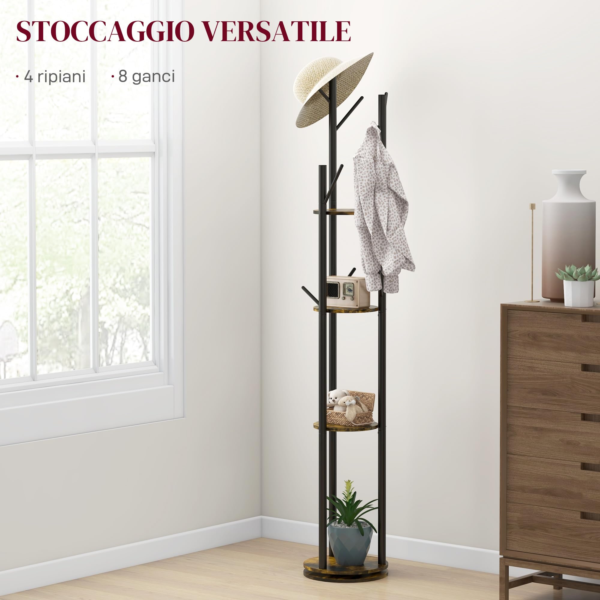 HOMCOM Appendiabiti da Terra Girevole con 8 Ganci e 4 Mensole, Attaccapanni Stile Industriale per Ingresso e Camera, Ø30x175cm, Marrone