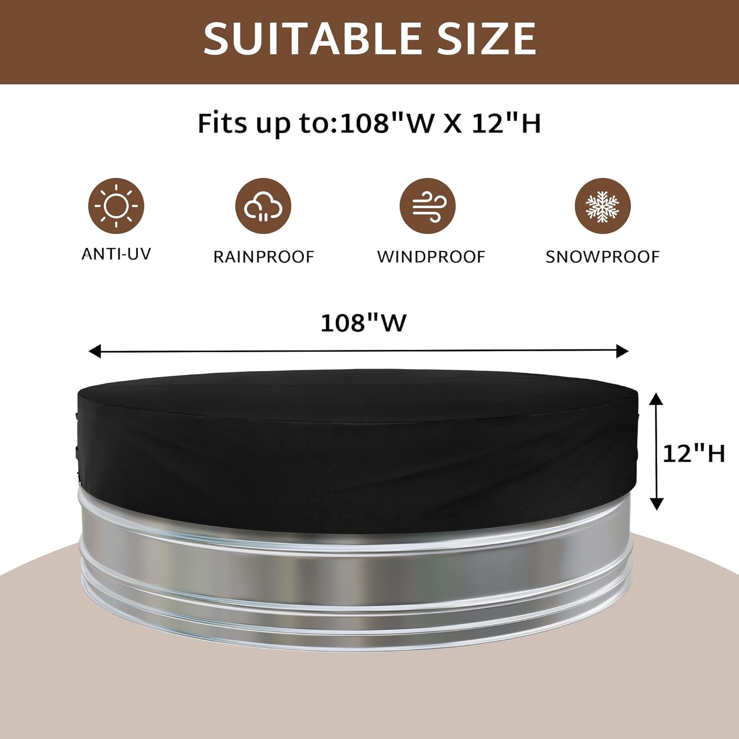 iBirdie Outdoor Waterproof 9 Feet Stock Tank Pool Cover, 108 inch Round Hot Tub Covers for Water Ice Bath Cold Plunge Pools, 600D Heavy Duty Weatherproof