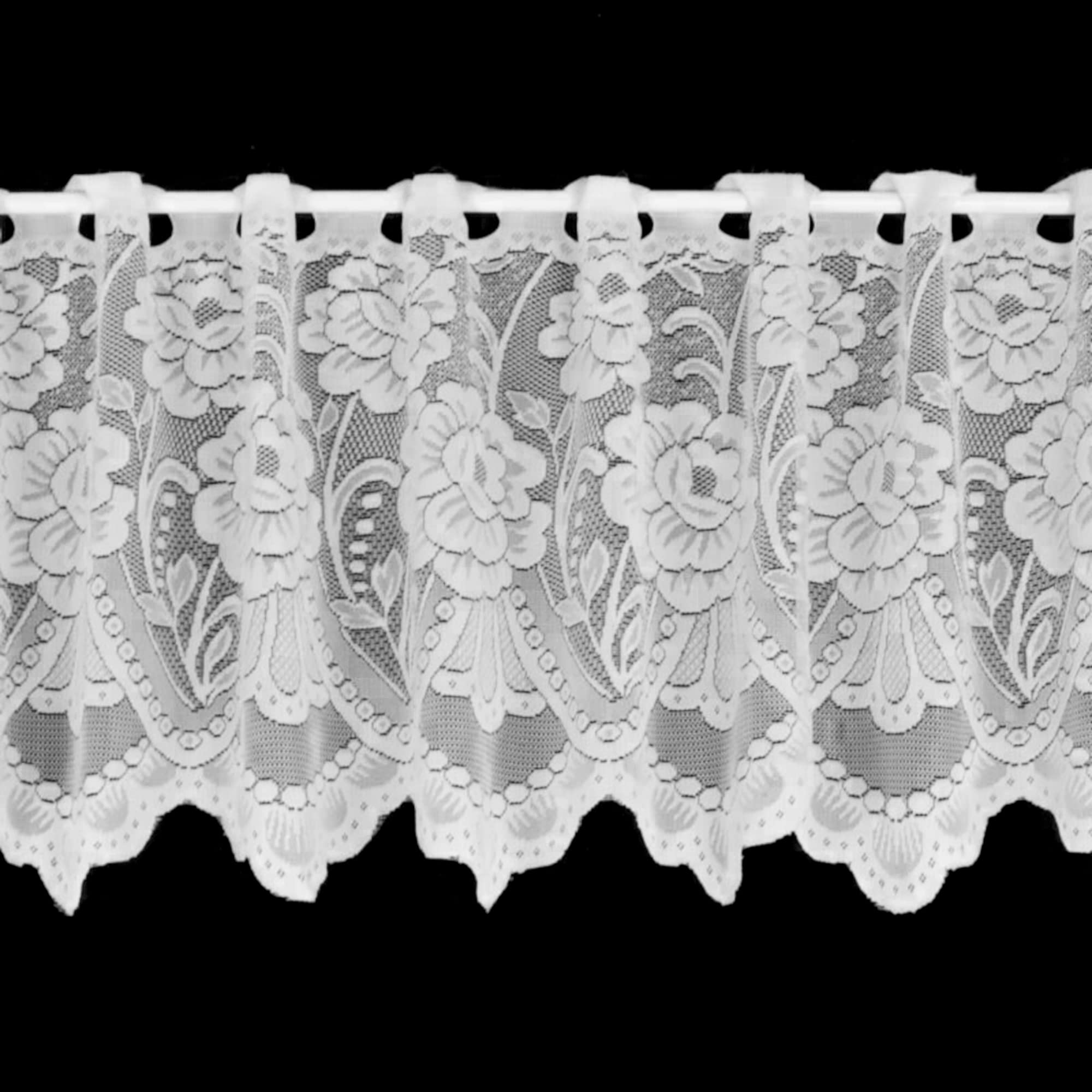 Kellyuk Floral Budget White Quality Cafe Net Curtain With Scalloped Hem & Floral Design - 7 Metres Wide x 24" (60cm) Drop