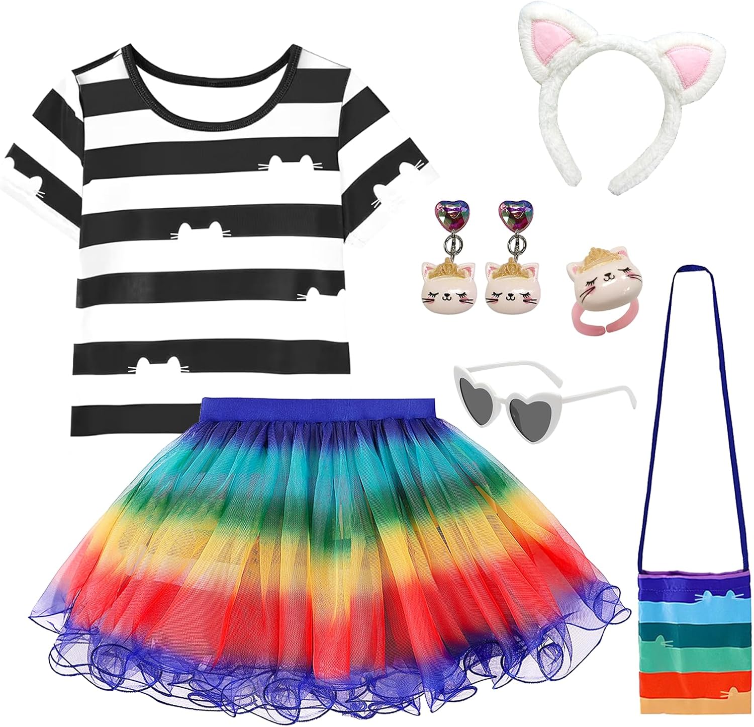 PixiePicks Girls Cat House Rainbow Costume,Striped T-Shirt and Tutu, Headband and Cat Earings for Halloween Birthday Party