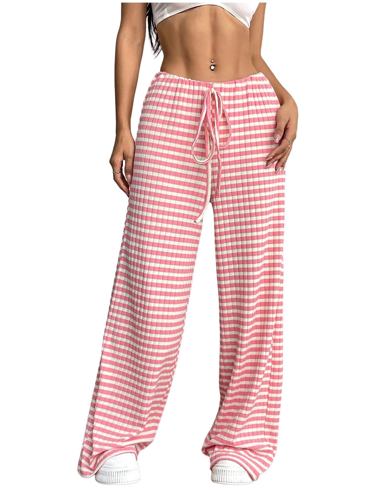 Yimoon Womens Striped Pants Wide Leg Pants Y2K Casual Drawstring Lounge Pants Elastic Waist Knit Baggy Sweatpants