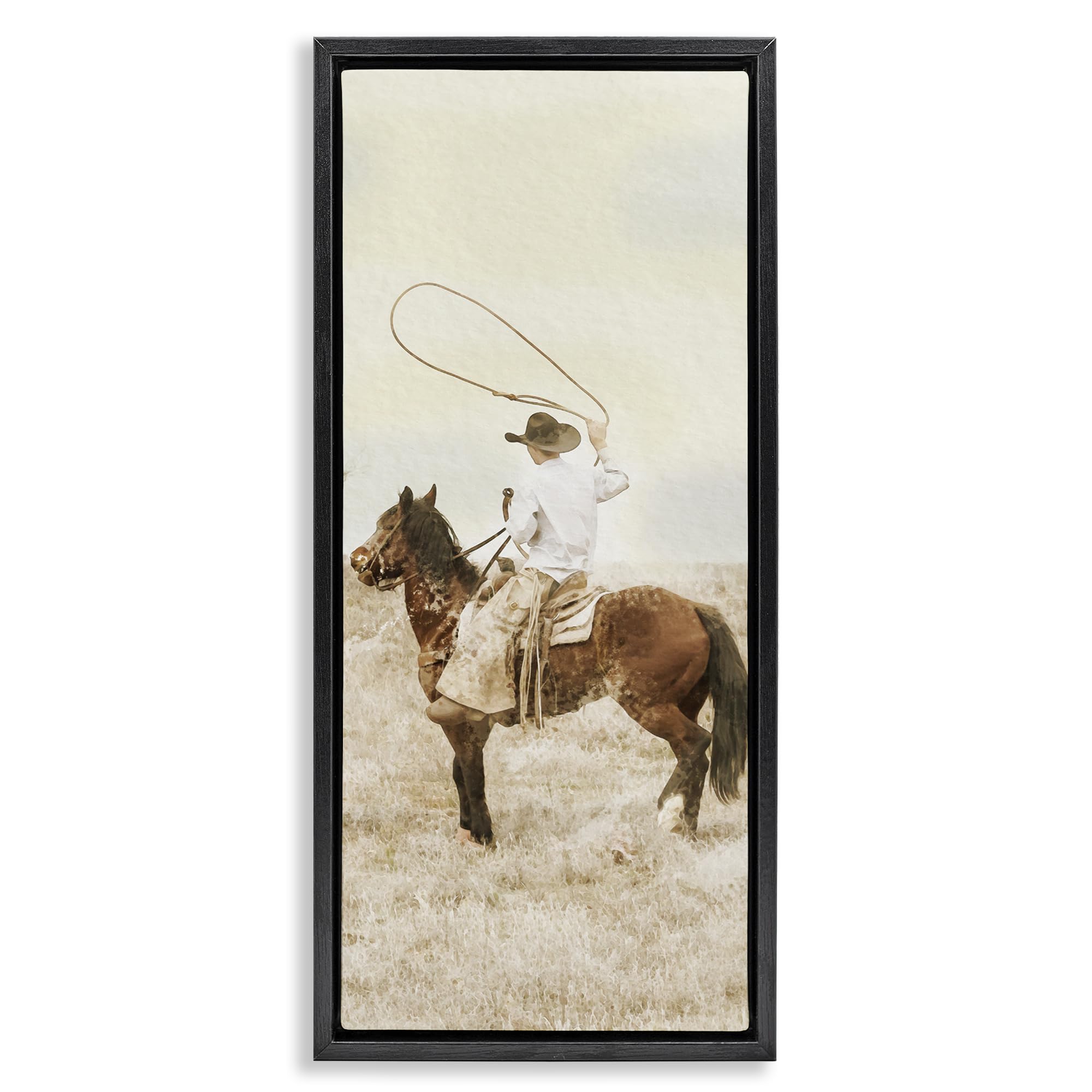Stupell Industries Jet Black (Matte) 'Wrangling Cowboy Lasso'| Floating Frame Canvas Art