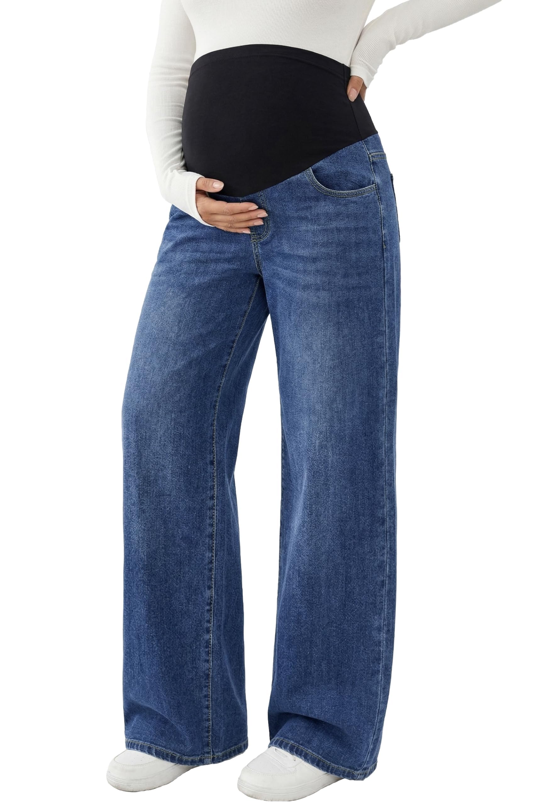 Vaqueros de maternidad para mujer con pierna ancha sobre el abdomen, elásticos, piernas rectas, pantalones de maternidad, pantalones vaqueros con bolsillos