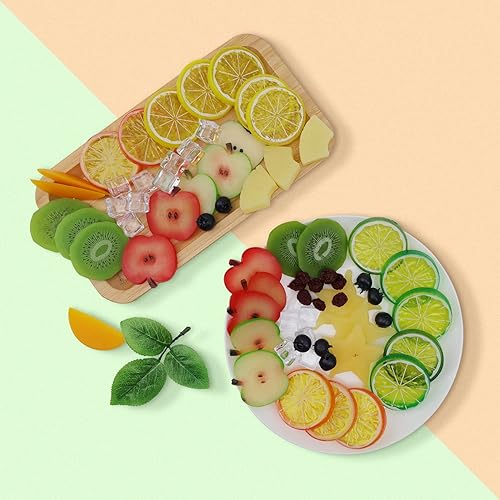 Miniatura 5 de Woration 60 piezas de bloques de limón de lima artificial, rebanadas de plástico falso, arándanos sintéticos, fruta, cubitos de hielo, decoración de