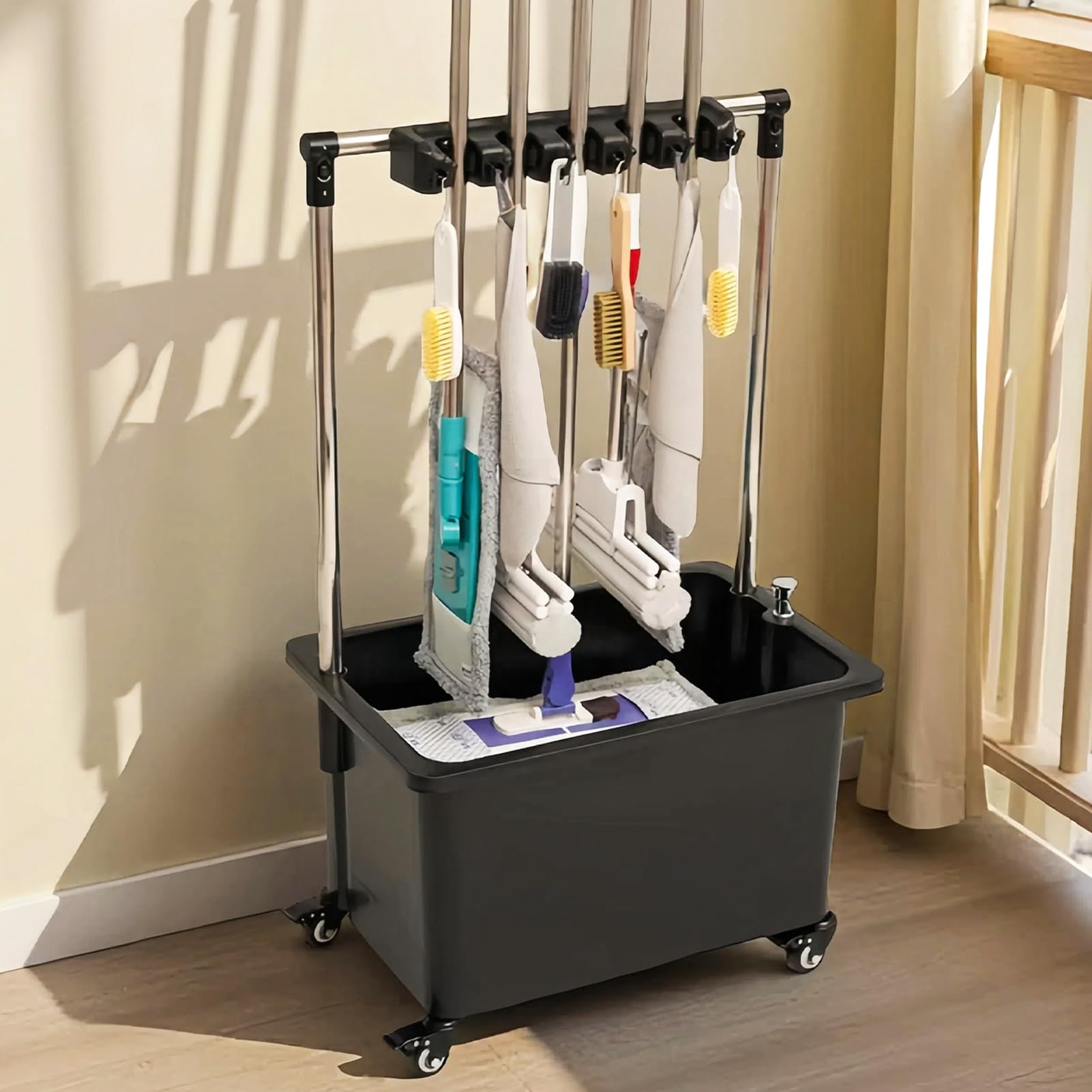 Fregadero de fregona comercial, carrito de herramientas de limpieza de pie móvil, armario de escoba independiente para balcón, baño, cocina, restaurantes (negro (5 ranuras)
