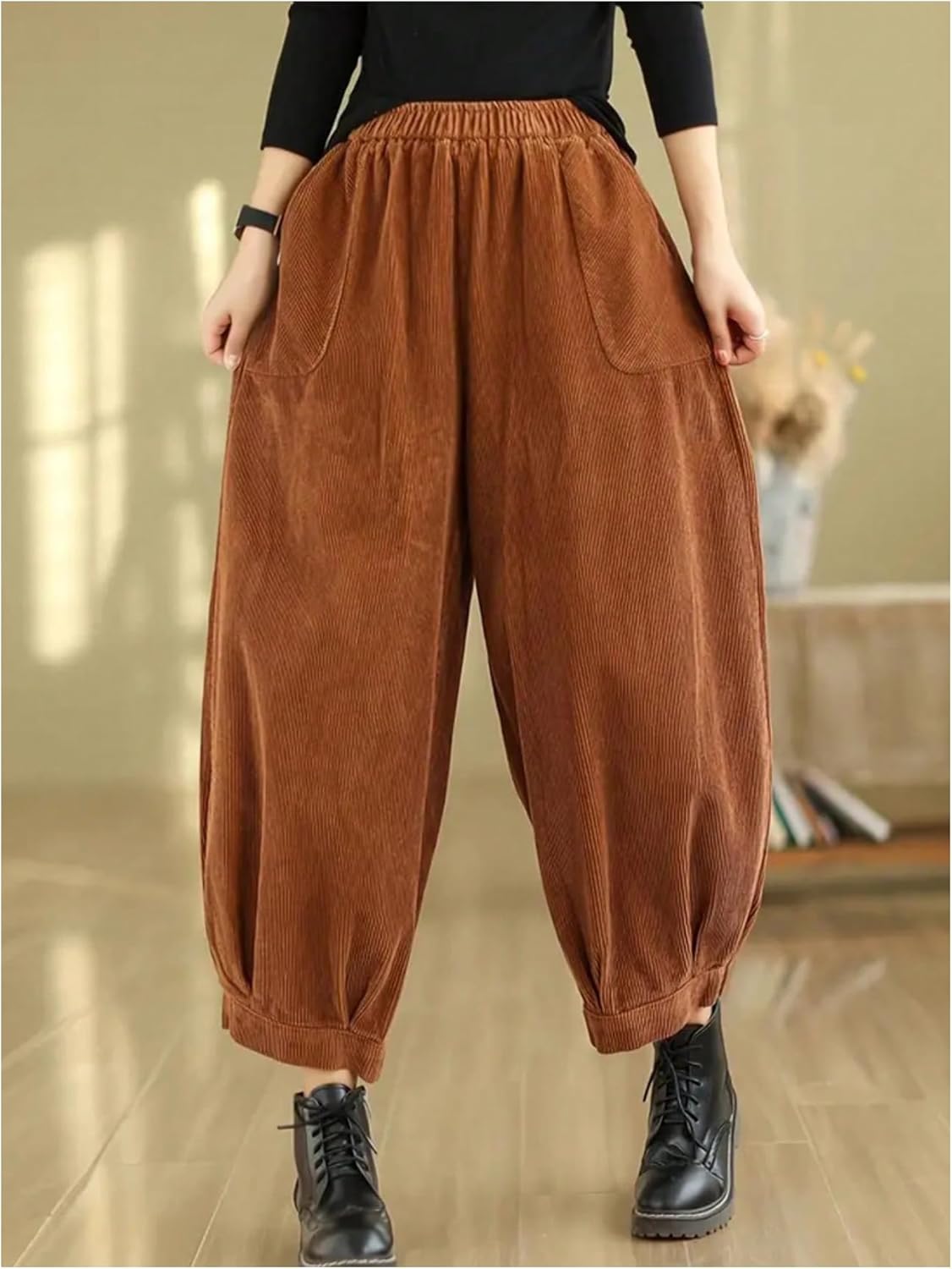 MakeMeChic Women's Fall Streetwear Corduroy Pants Elastic Waisted Baggy Trousers with Pocket - Image 5