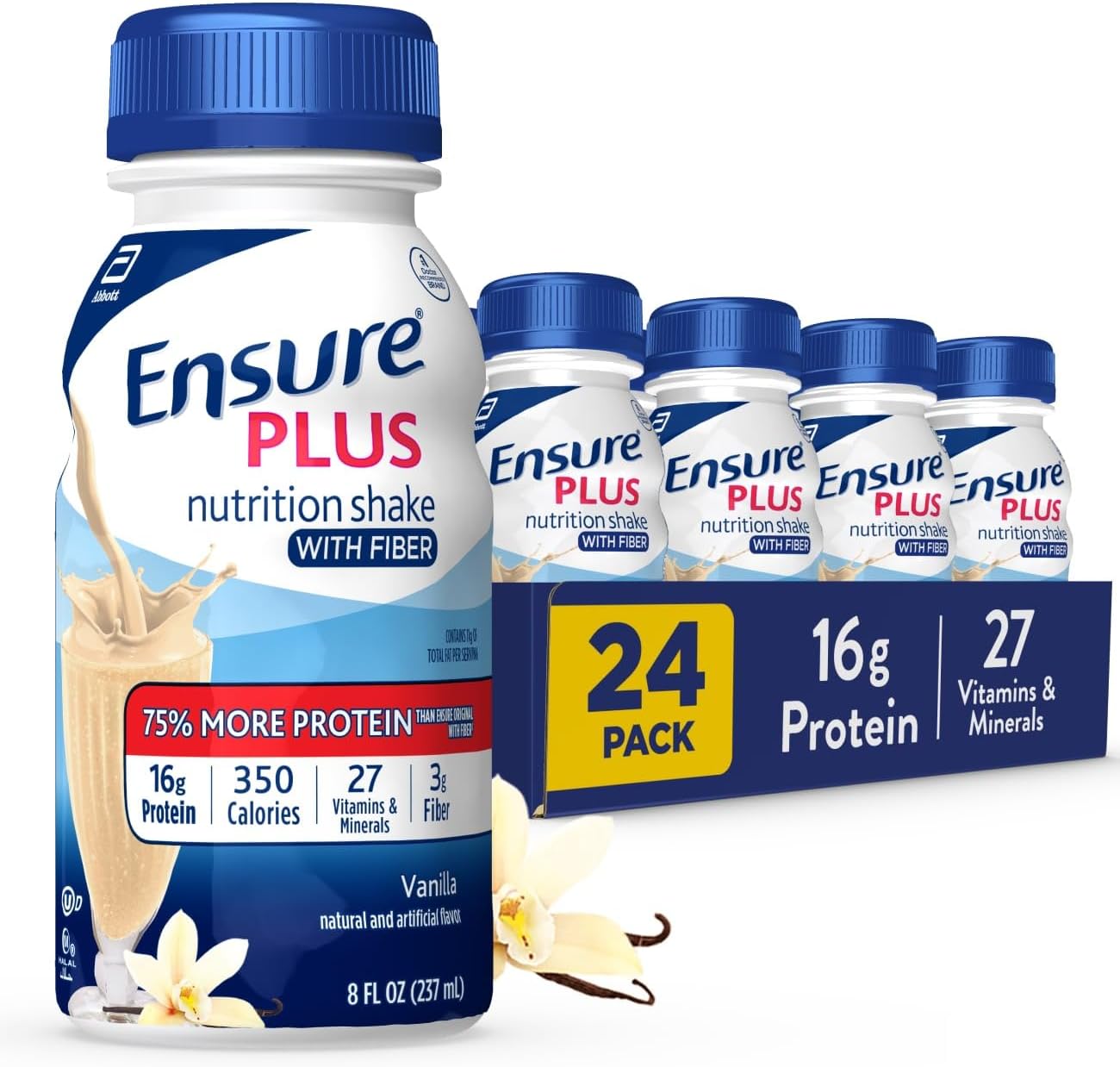 Plus Vanilla Nutrition Shake With Fiber | Meal Replacement Shake | Ready to Drink | 16g Protein and 27 Vitamins and Minerals | 8 fl oz - 24 Pack