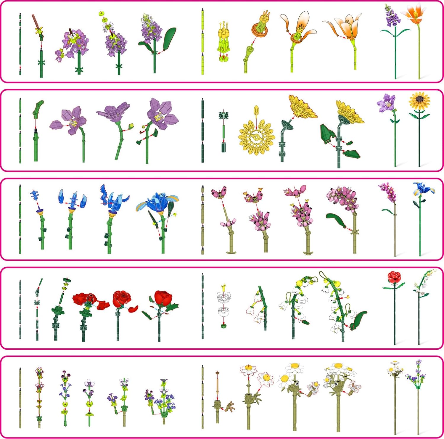 Diagrams of various flower assembly steps