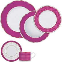 Jogo de jantar completo em porcelana, Modelo Versa, Brasília, Royal Rubi, 30 peças, Germer, Branco com detalhes em rosa escuro e ouro - FL