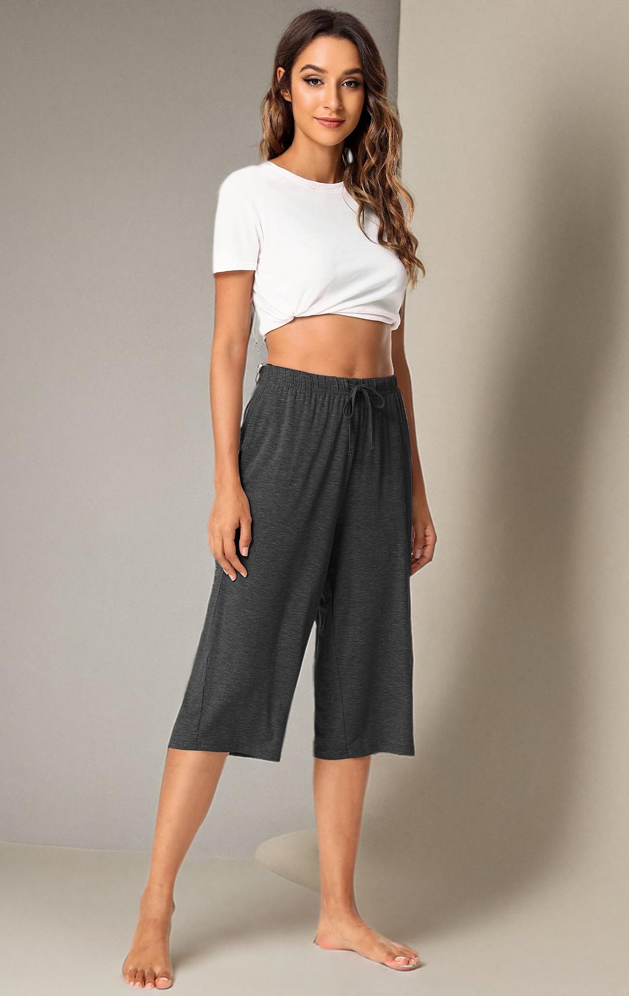 WiWi Pantaloni Capri in viscosa di bambù, da donna, a gamba larga, con tasche, in morbida maglia, taglie S-XXL