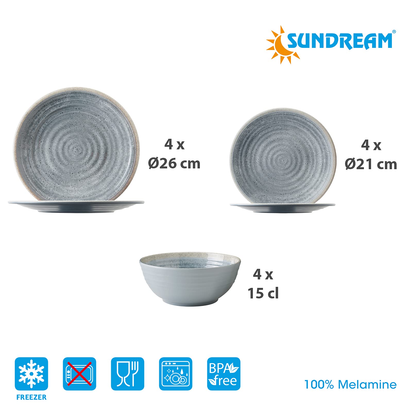 Camping-Geschirr Set Melamin 2-4 Personen | SUNDREAM Mirage 12, 16 oder 36 teilig | Teller, Schüsseln oder Becher | Ultra-Leicht, Bruchfest, Kratzfest & BPA-Frei, Vintage Stil in Blau