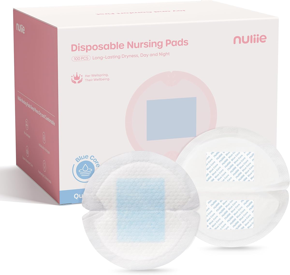 Nuliie High-Absorbency Blue Core Nursing Pads 100 Count | Disposable Breast Pads for Heavy Leaking, Stay Dry Day & Night, Leakproof, Individually Wrapped
