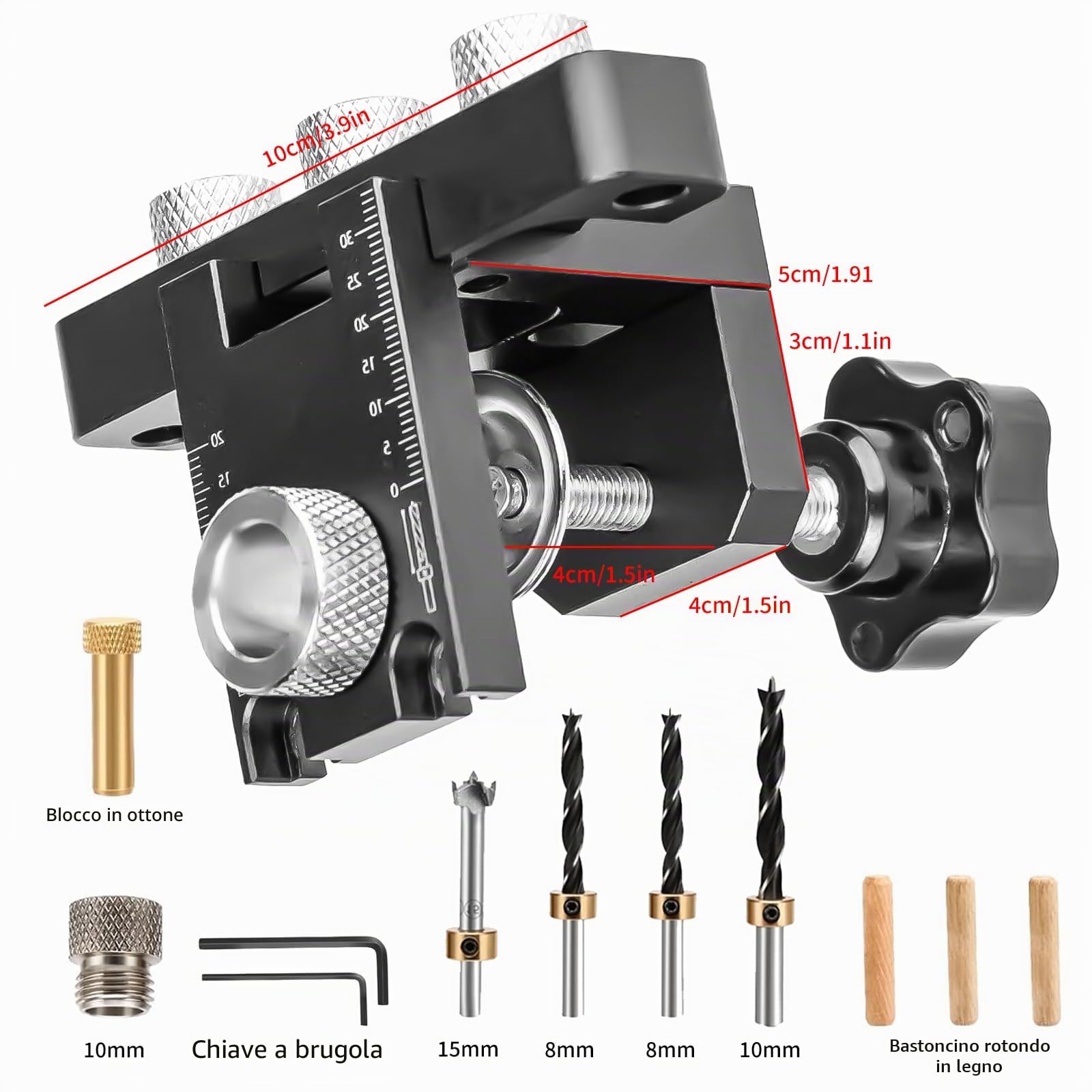 Set Legno Punte Trapano, per Legno 8/10/15mm. 3 in 1 Dima per Tasselli, Kit di guida per trapano con Clip Di Posizionamento Regolabile, Nero