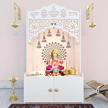 HAZDEAL White Wooden Temple for Home with Spacious Shelf Inbuilt Focus Light White Big Temple Size-18D*22.5W*38H inch Divine