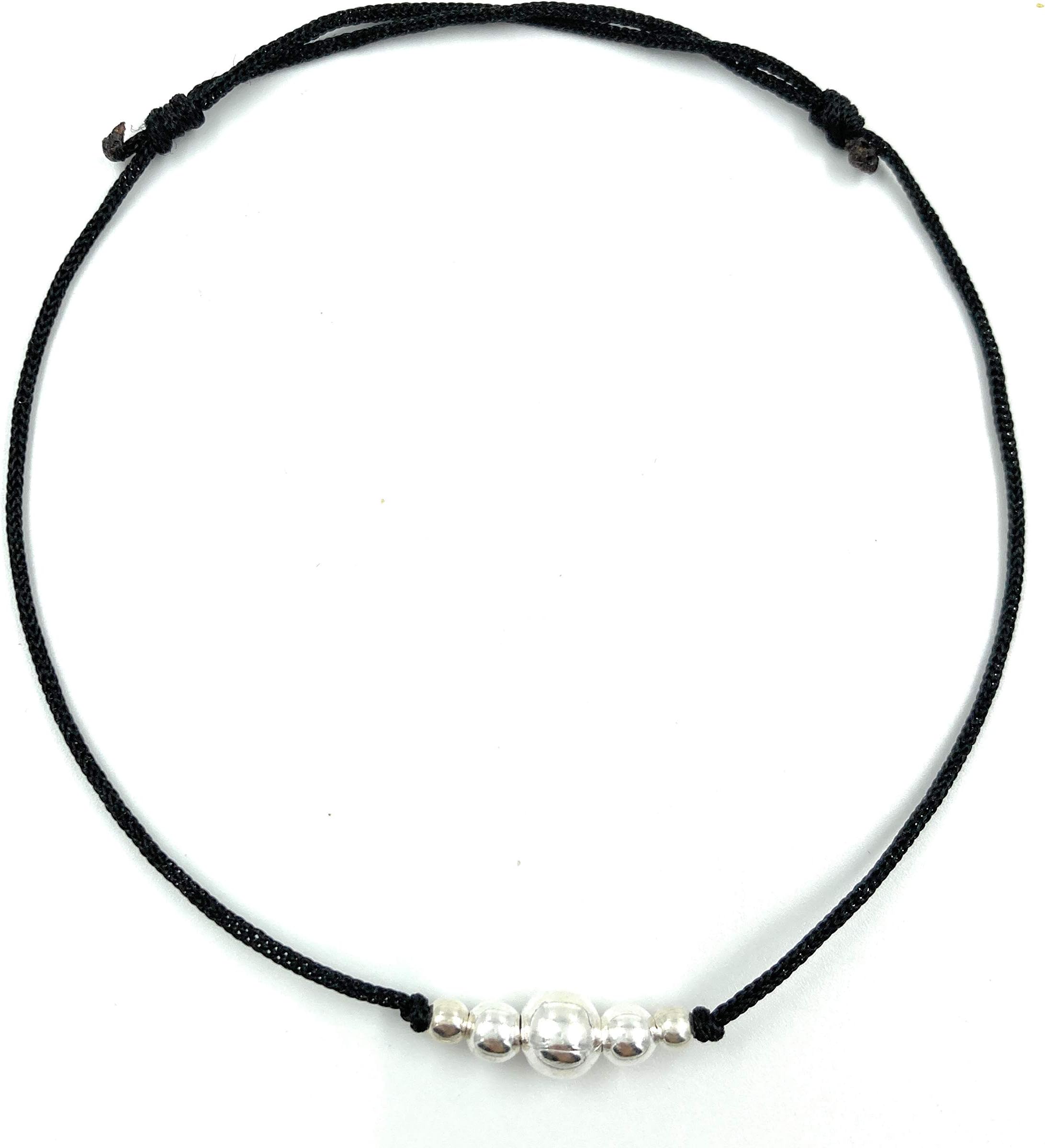 VRINDAM JEWELLERSDesigned 925 Sterling Silver Threaded Anklet For Girls & Women|5 Silver Balls In Black Thread Single Piece Adjustable Light Weight 1.52GM