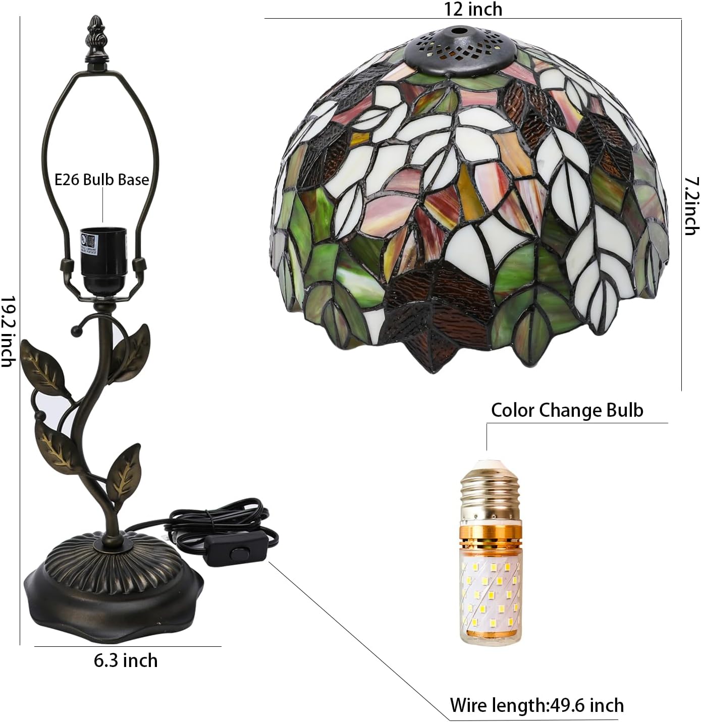 Stained Glass Table Lamp, Adjustable 3 Color Temperature, Maple Leaf Style Lampshade & Metal Leaf Base Desk Reading Light 12X12X19 Inches Decor for Bedroom Living Room Office