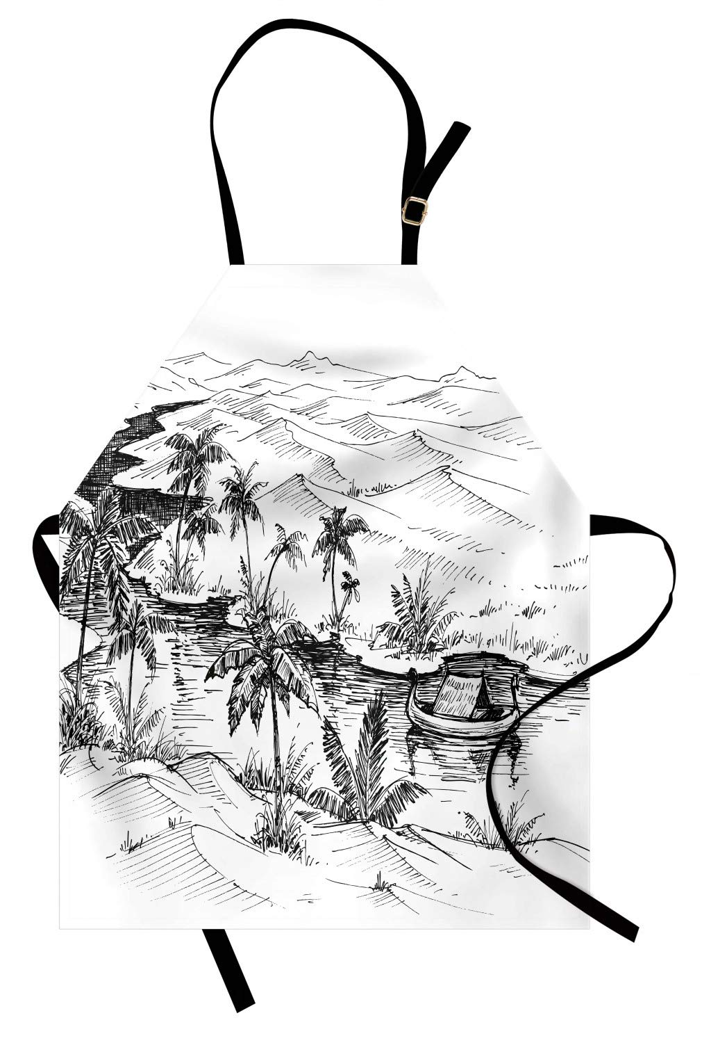 ABAKUHAUS Oasi Grembiule, Pencil Drawn Paesaggio Fluviale, Comodo Per La Cucina Unisex Con Collo Regolabile Per Cucinare Cuocere Arrostire E Giardinaggio, Charcoal Grey And White
