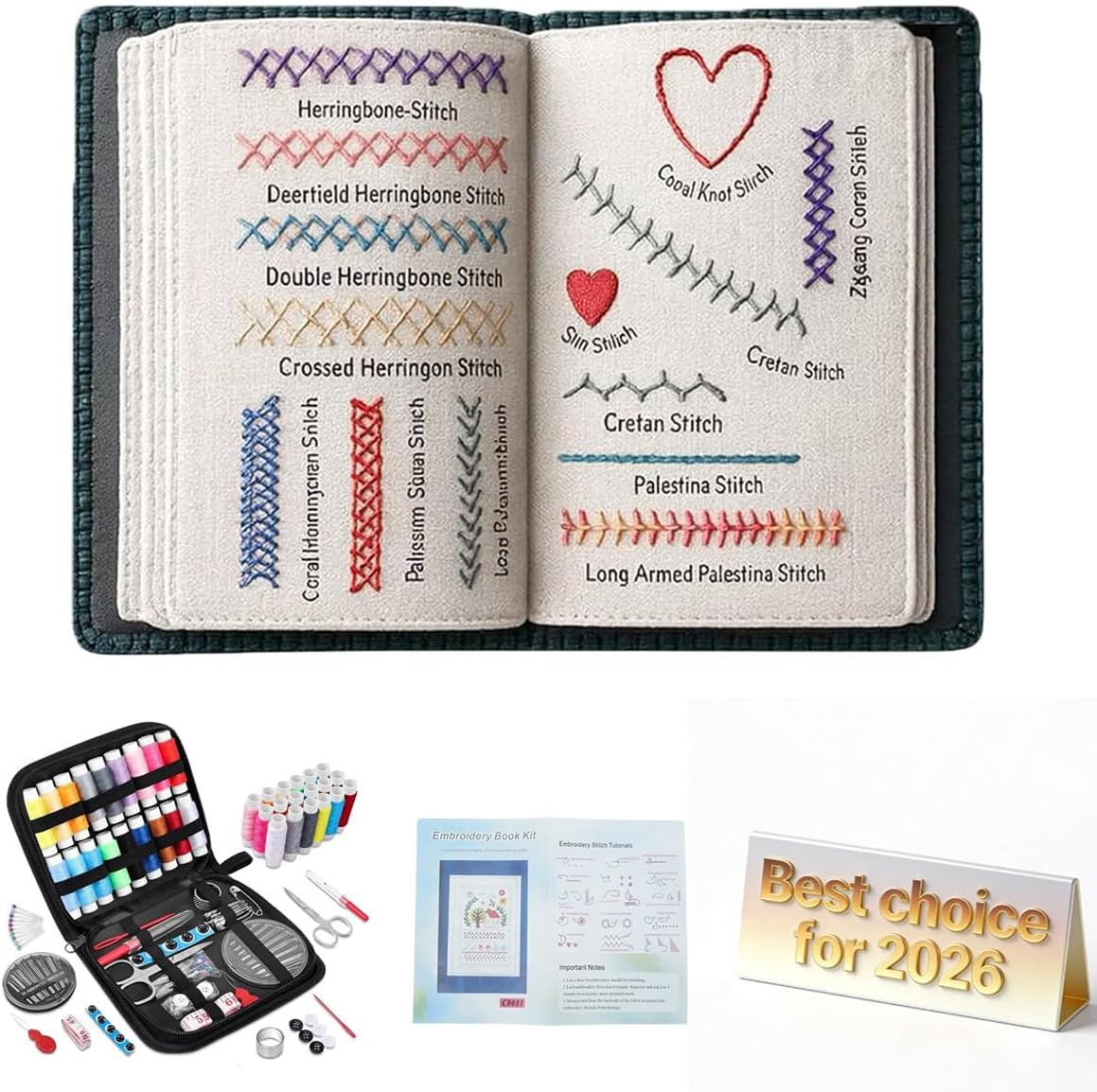 Upgraded Embroidery Stitch Book Kit for Beginners, All-in-One Hand Embroidery Practice Sampler Kit for Adults, Portable DIY Needlework Learning Projects with Instructional Patterns and Tools