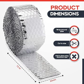 Pipe Lagging Foil Insulation Wrap 7.5m x 80mm - Thermal Energy Saving for Internal or External Pipe and Duct Insulation