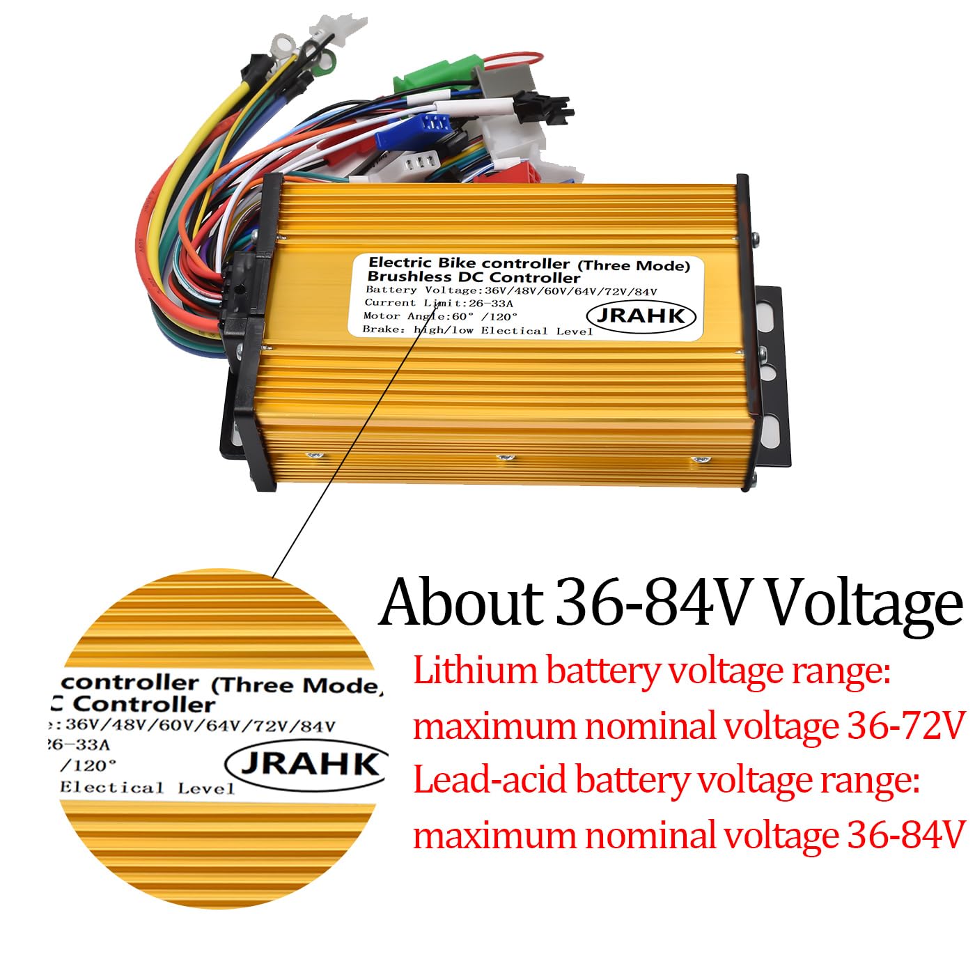 JRAHK 36V-84V Sine Wave Motor Controller for E-Bike, 600W-1000W, 26A-33A, Aluminium Alloy