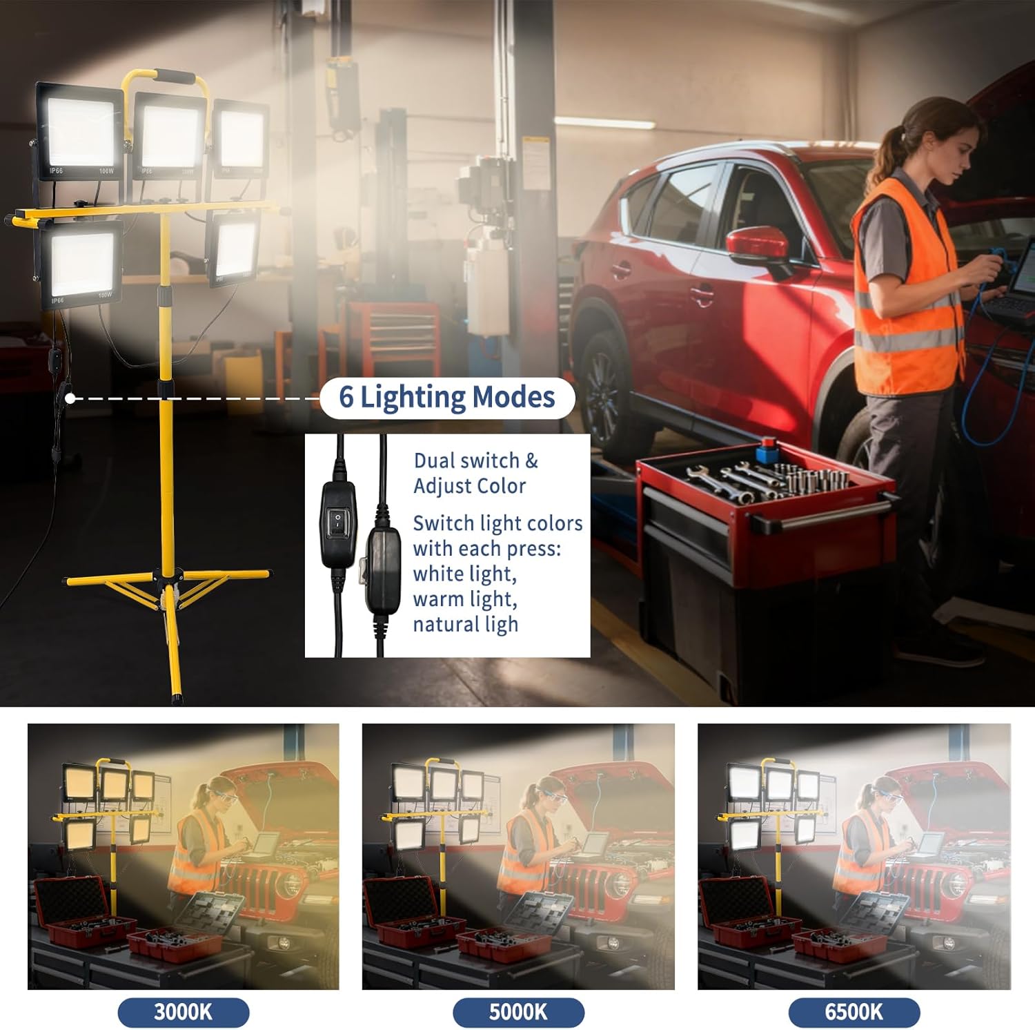 LED Work Lights with Stand- 5 Head Portable Shop Lights with 3000K-6500K Dimmable - Tripod Worklights for Outdoor Indoor Job Site Workshop Garage Construction Site Lighting | IP66 Waterproof | 50000LM