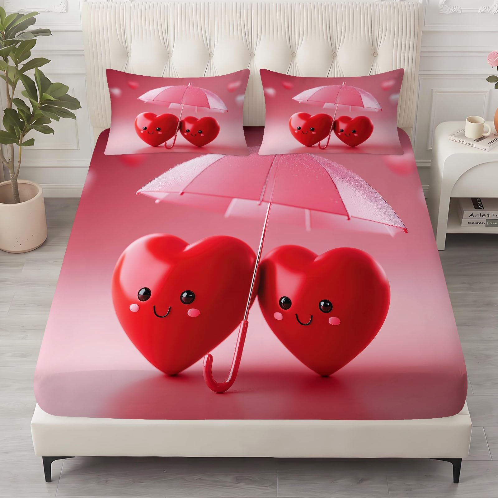 Romántica sábana encimera rosa 140 x 200 cm, amor corazón paraguas