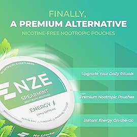 NZE Caffeine Nootropic Pouches (Spearmint) - Energy Pouches with 50mg Caffeine, Alpha GPC, L-Tyrosine & L-Theanine with No Sugar or Artificial Sweeteners - 15 Pouches Per Can - 5 Pack